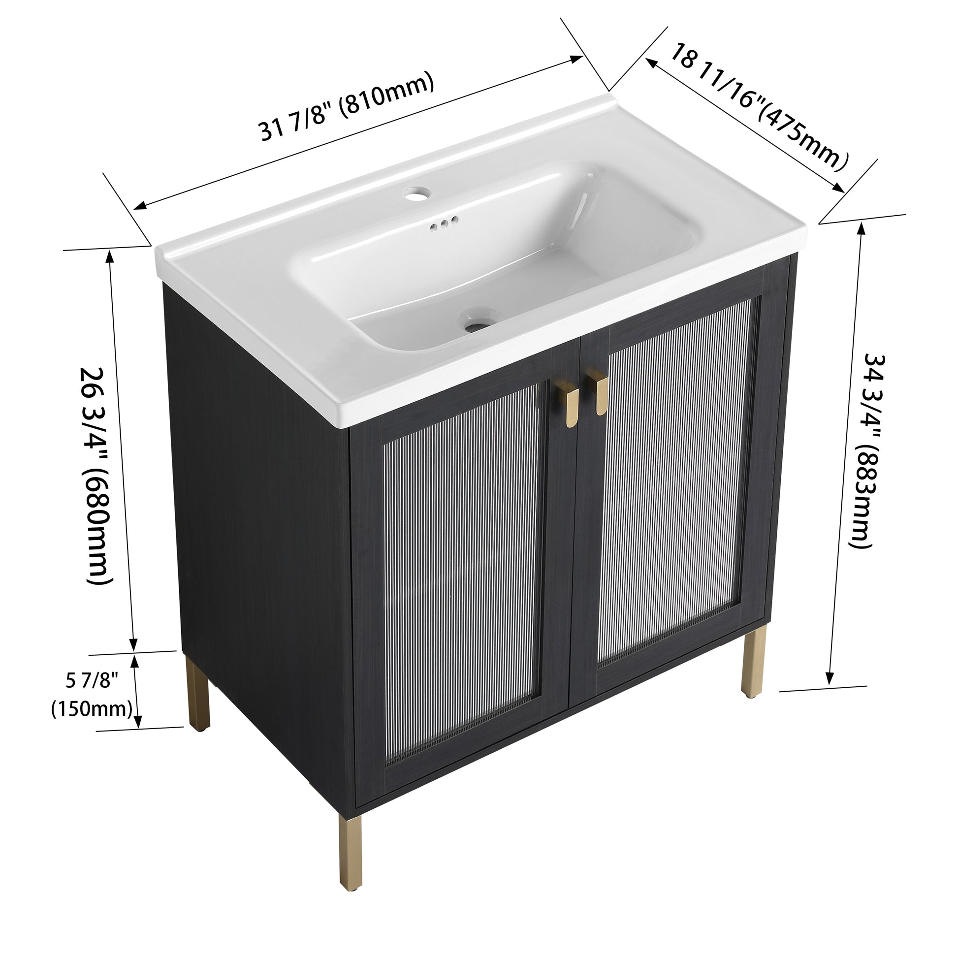 Black vanity cabinet with ribbed glass doors and gold handles   wide