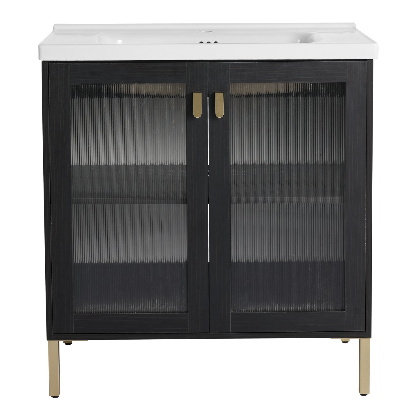 Dark wood bathroom vanity with ribbed glass doors and gold hardware