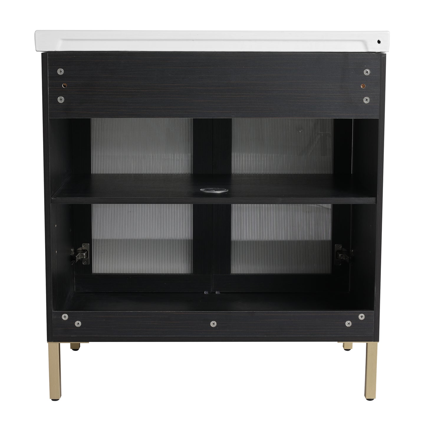 Dark wood vanity cabinet with two open shelves and gold legs