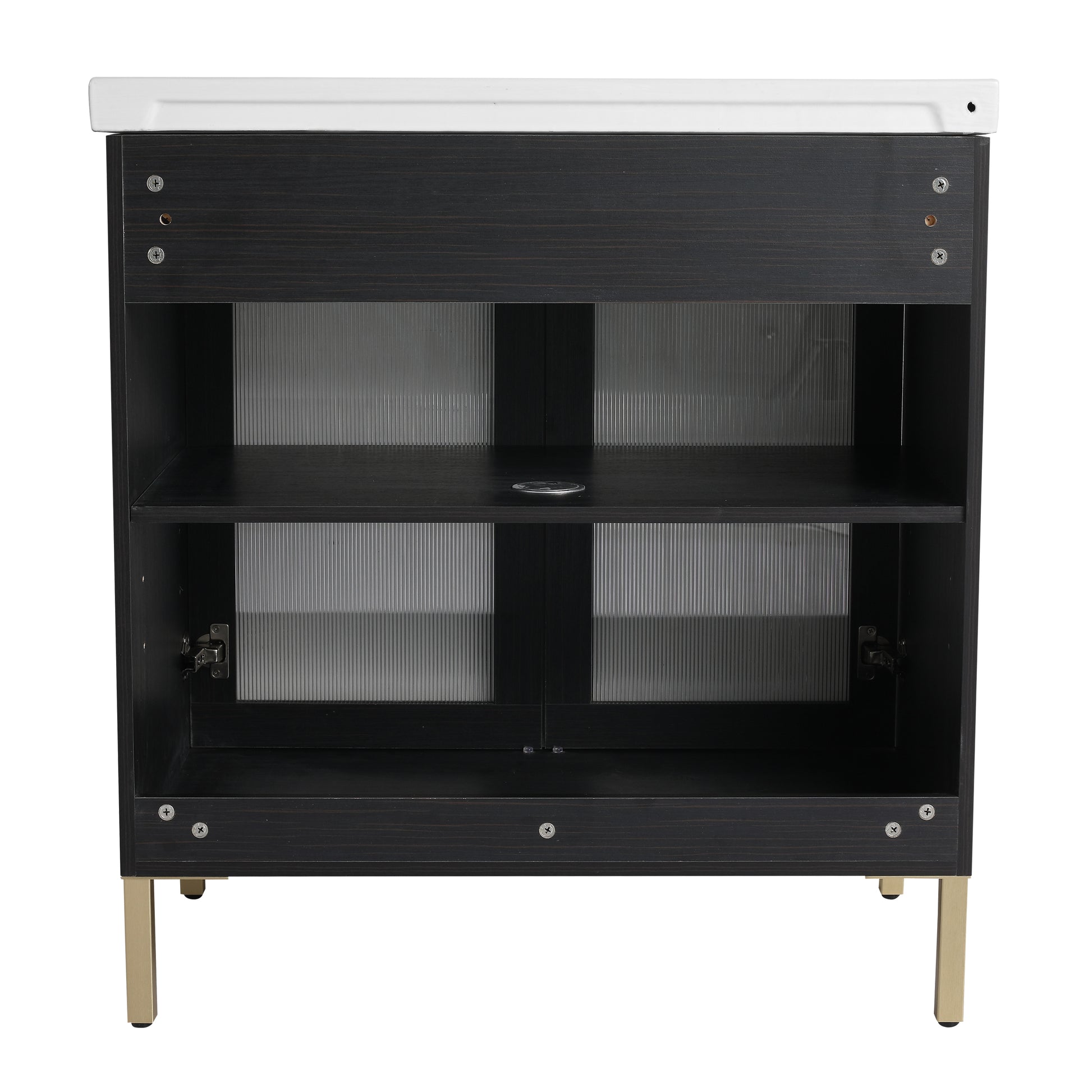 Dark wood vanity cabinet with two open shelves and gold legs