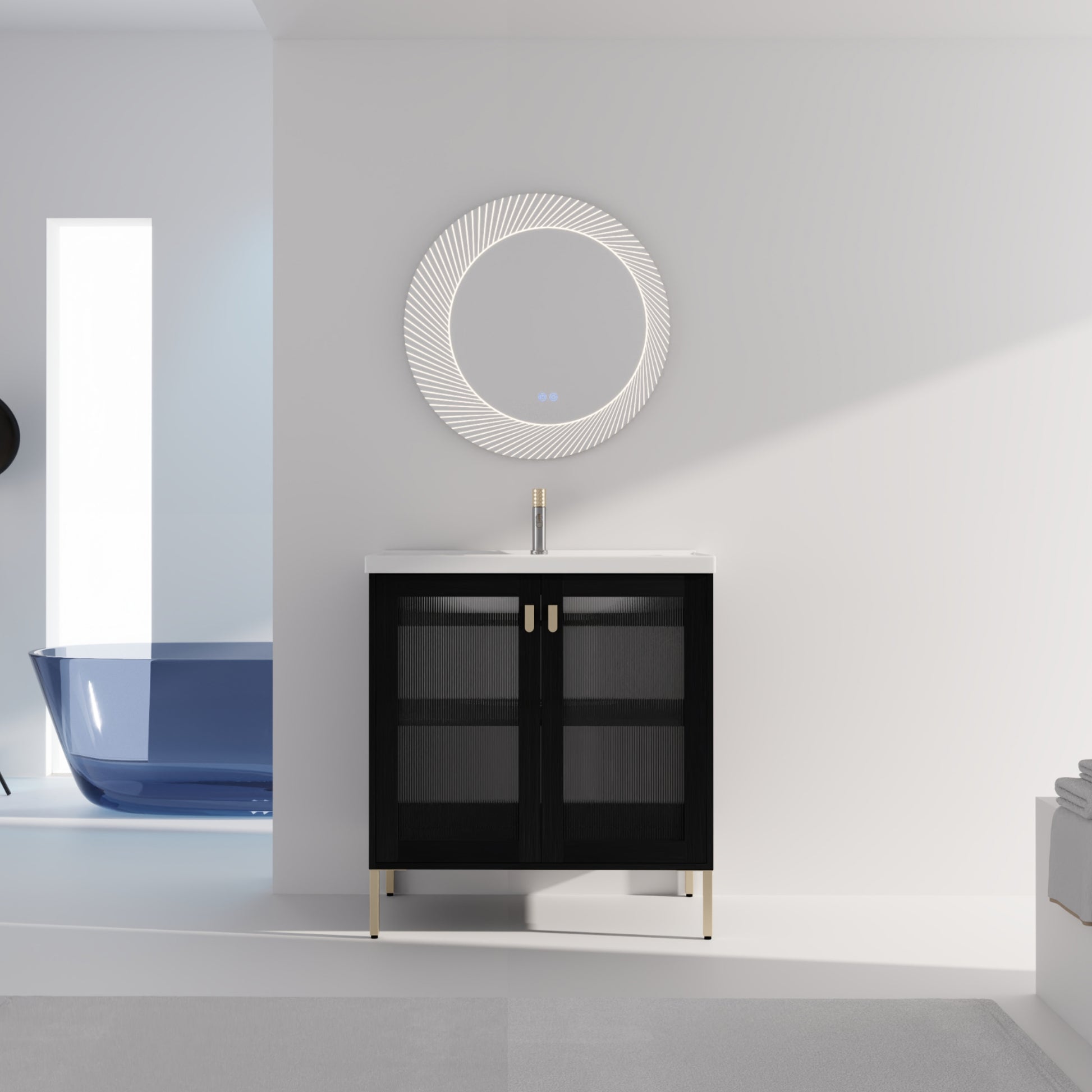 Black vanity with fluted glass doors and gold legs