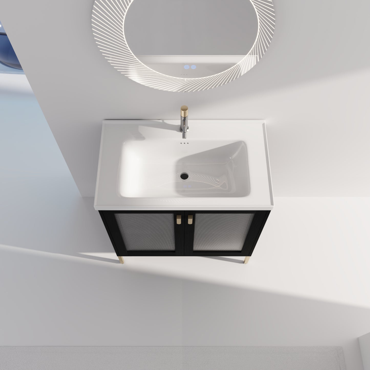 Modern black vanity with fluted glass doors and gold legs featuring a white ceramic sink and gold faucet