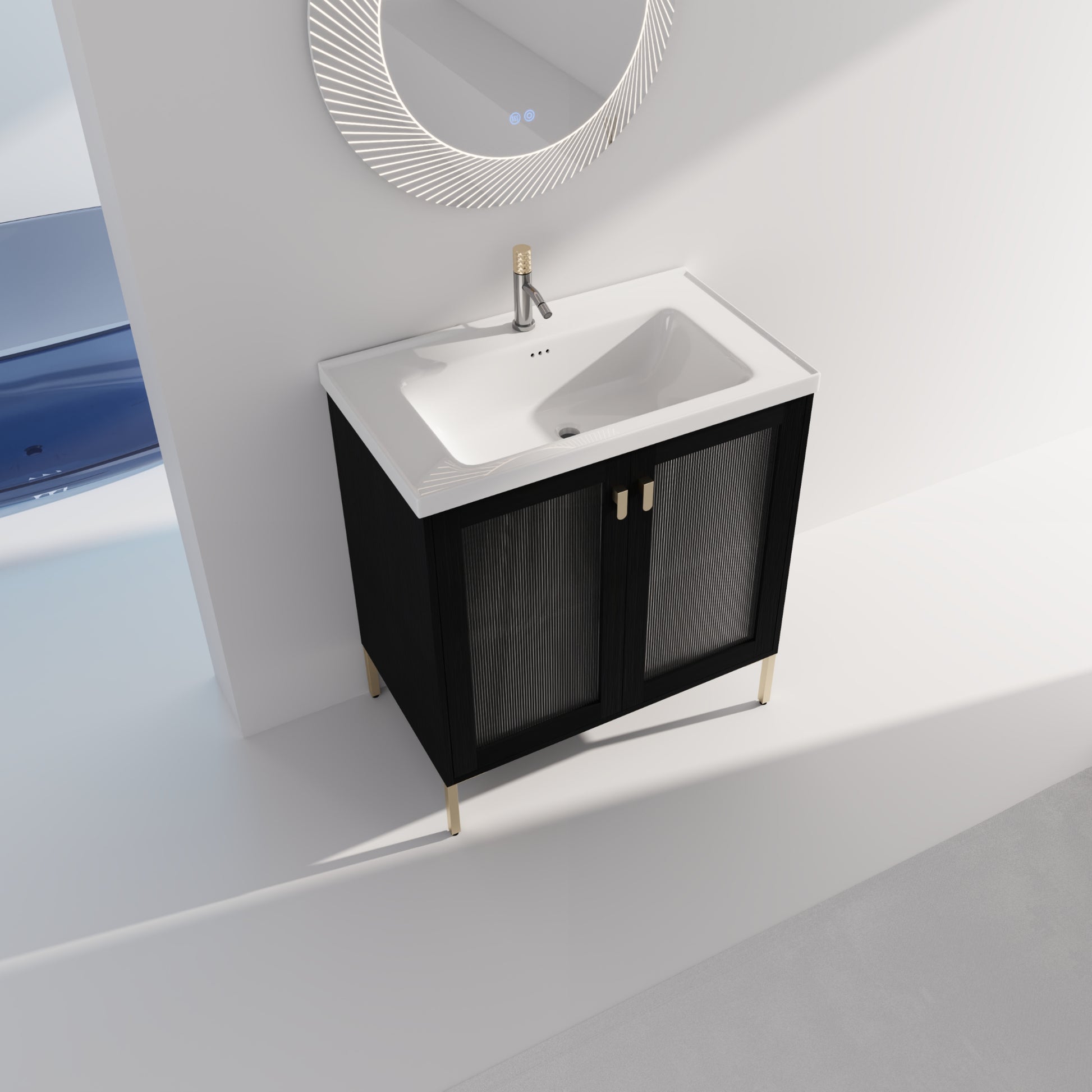 Modern black vanity with fluted glass doors and gold legs for a chic bathroom