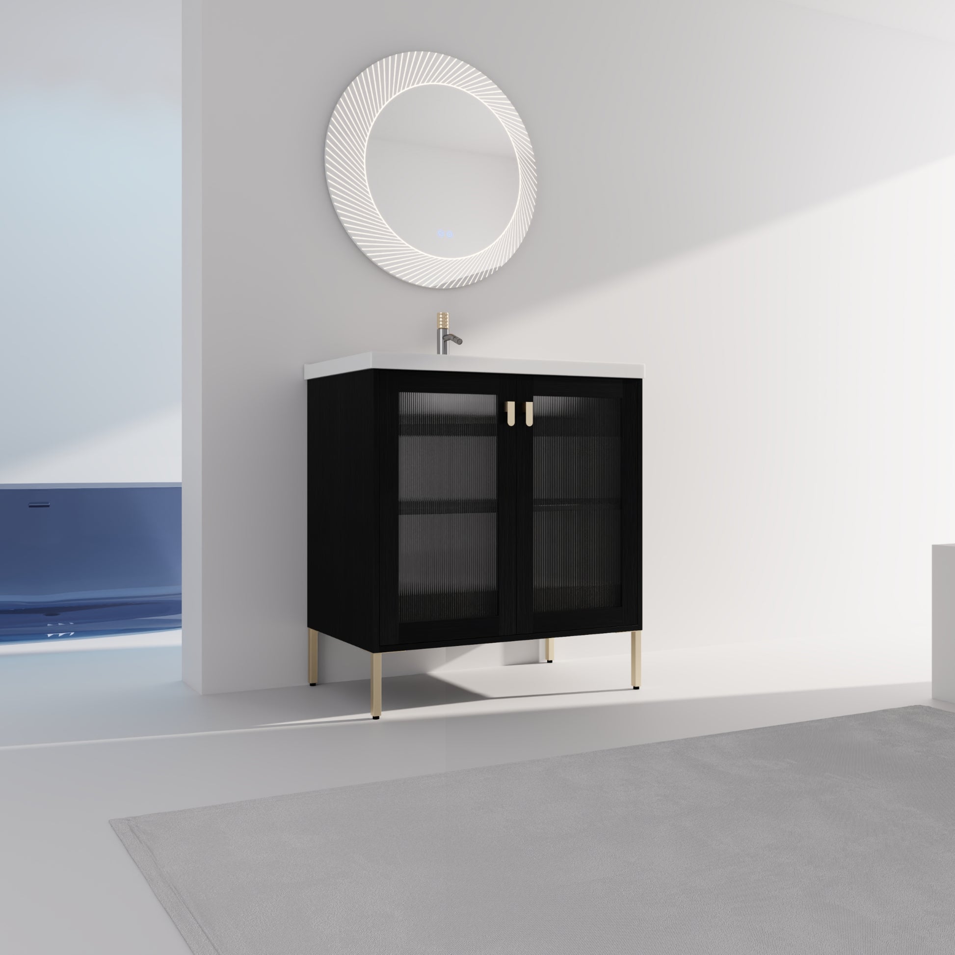 Black vanity cabinet with fluted glass doors and gold legs modern bathroom design