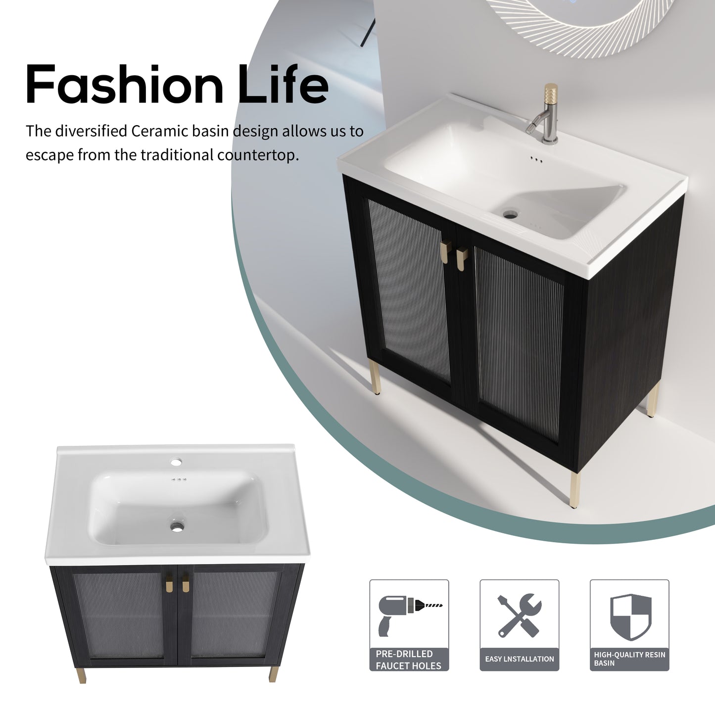Modern dark wood vanity with ribbed glass doors and brass legs