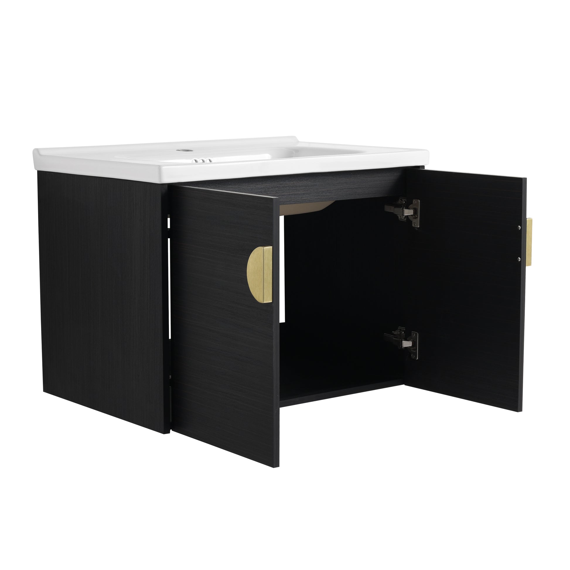 Modern black wood bathroom vanity with gold hardware and open doors