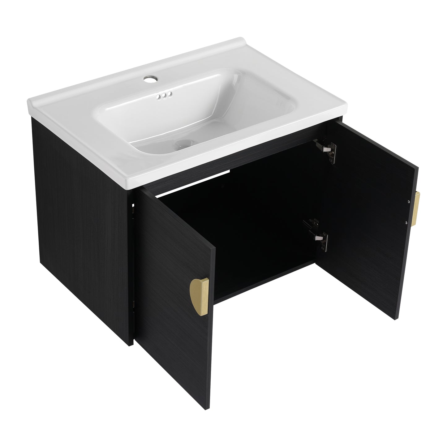 Modern black wood grain vanity cabinet with white ceramic sink and brass handles