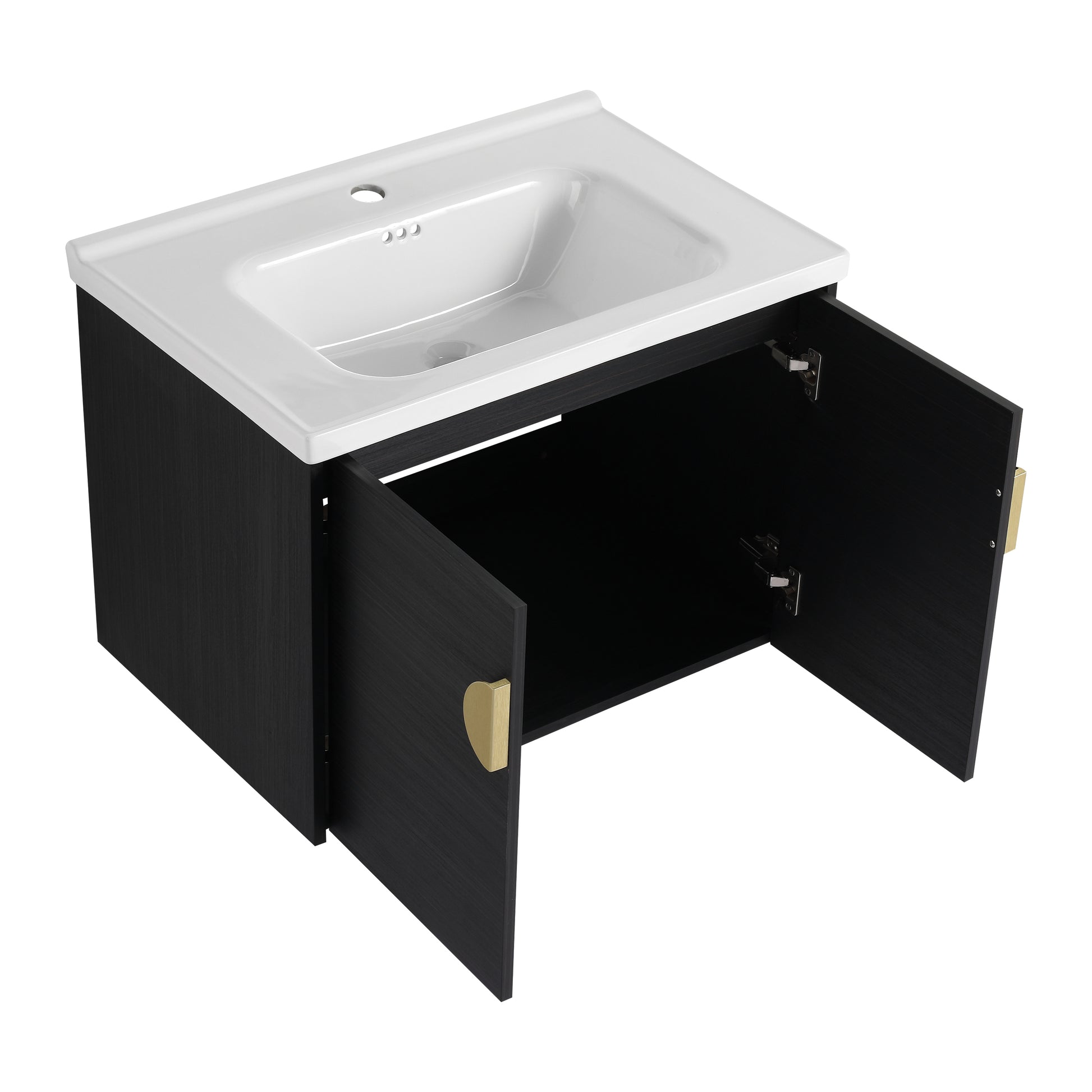 Modern black wood grain vanity cabinet with white ceramic sink and brass handles