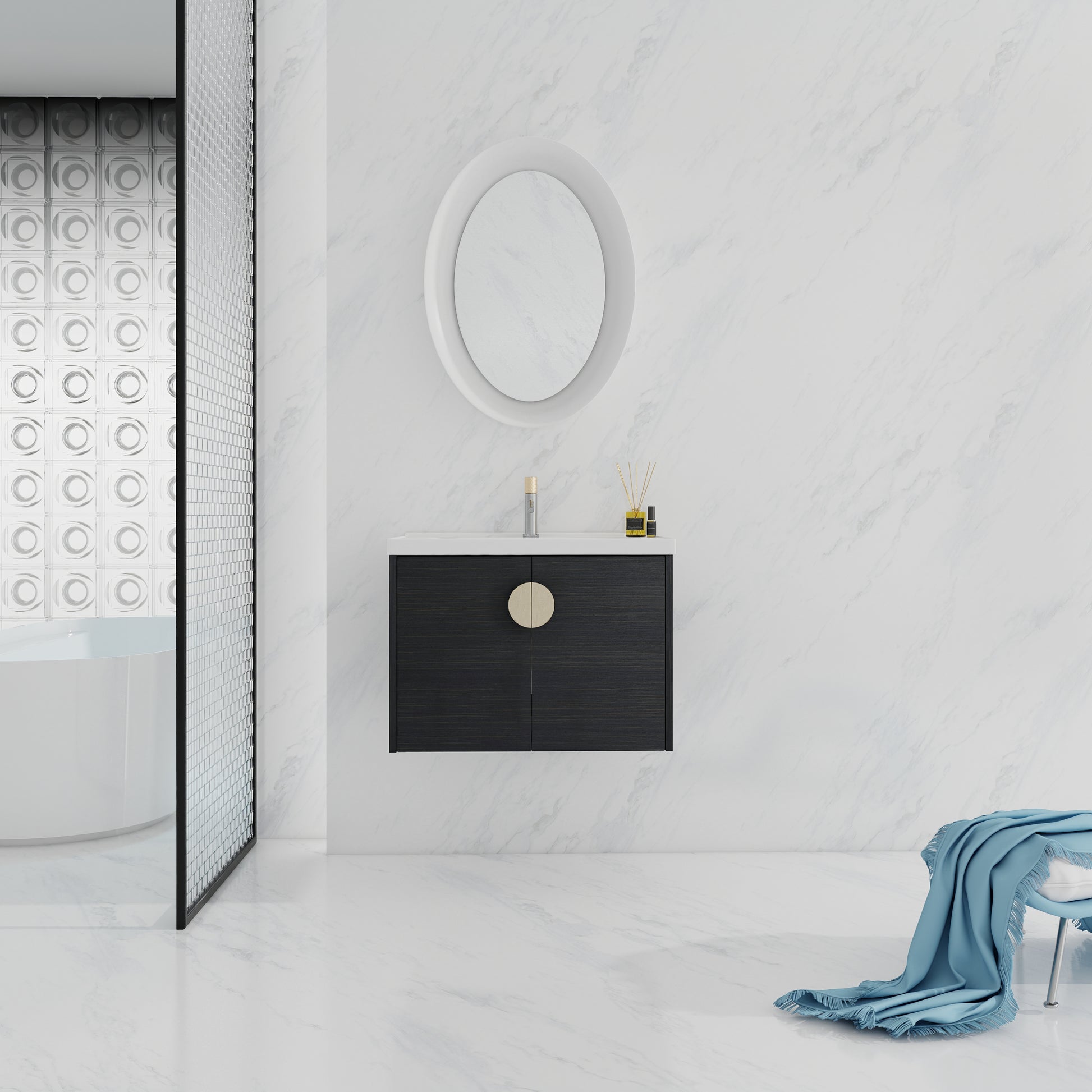 Dark wood modern vanity cabinet with a round gold handle