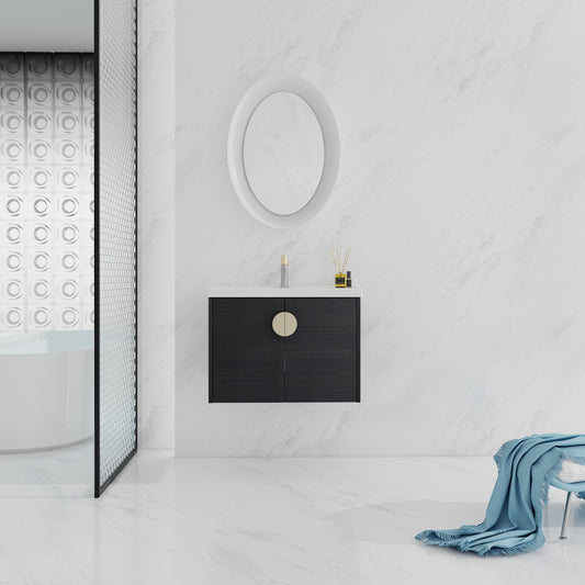 Dark wood modern vanity cabinet with a round gold handle