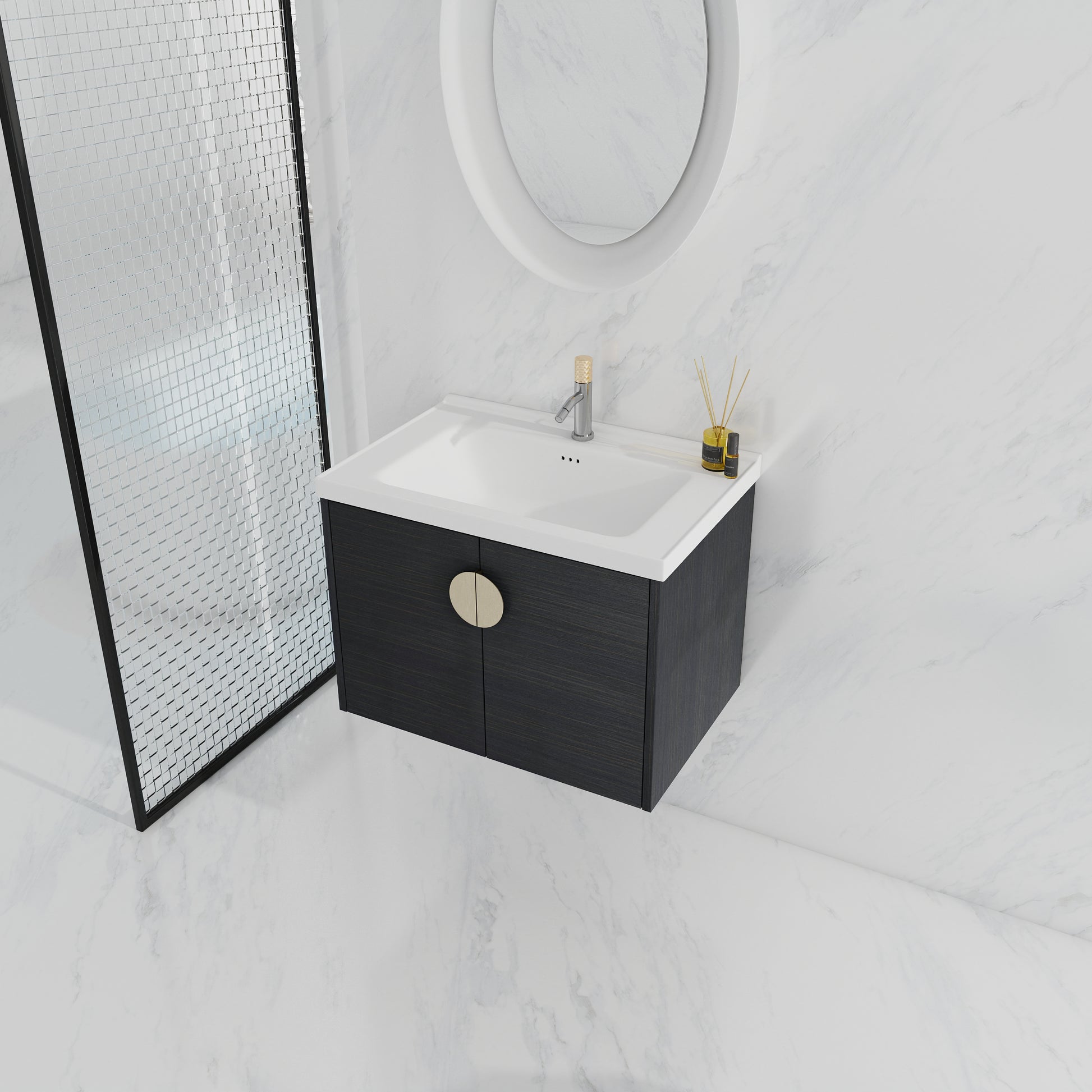 Dark wood floating vanity with gold oval handles and white ceramic sink