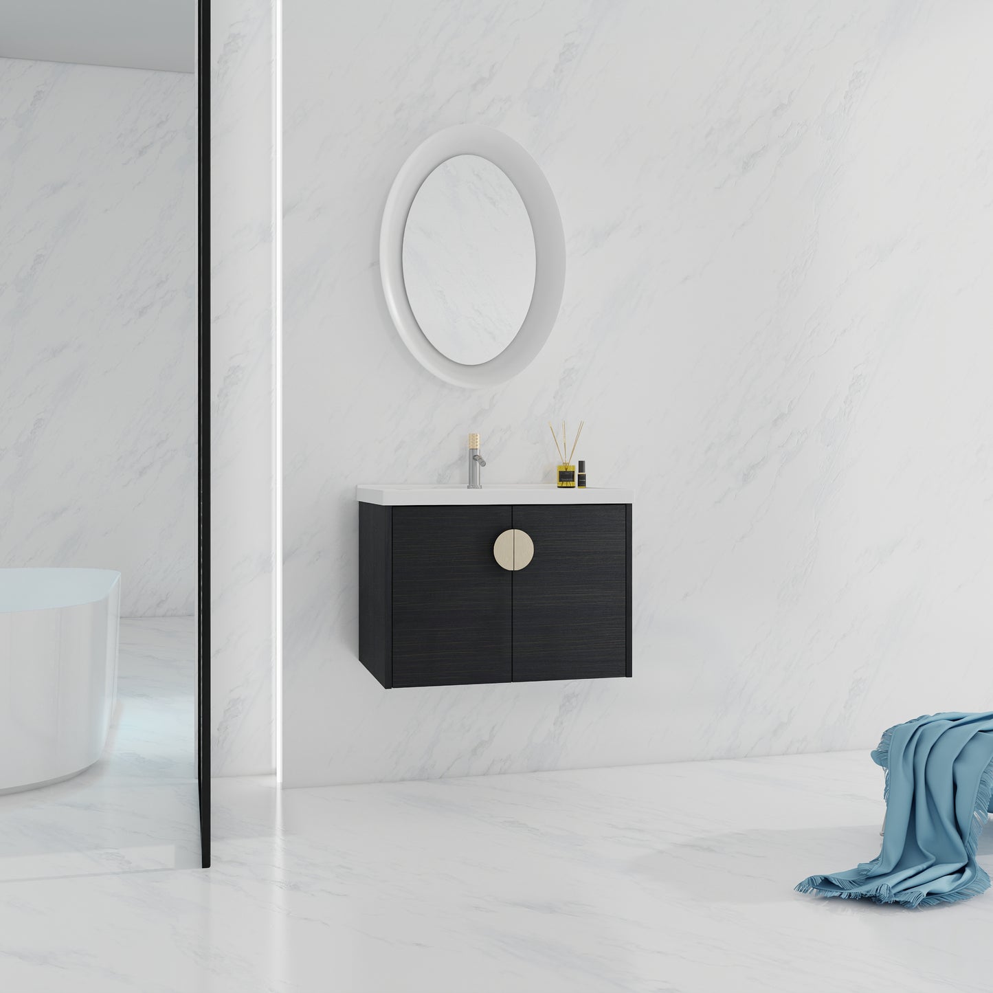Dark wood bathroom vanity with gold circular pulls and white countertop