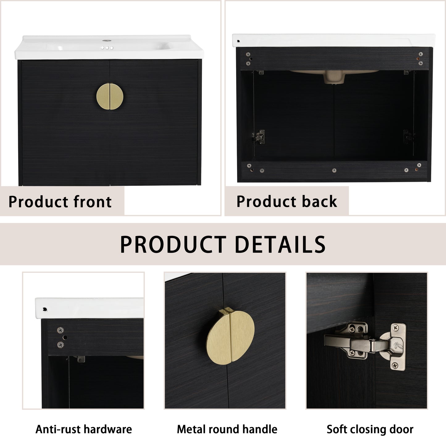 Dark wood vanity with white ceramic top and gold round handle