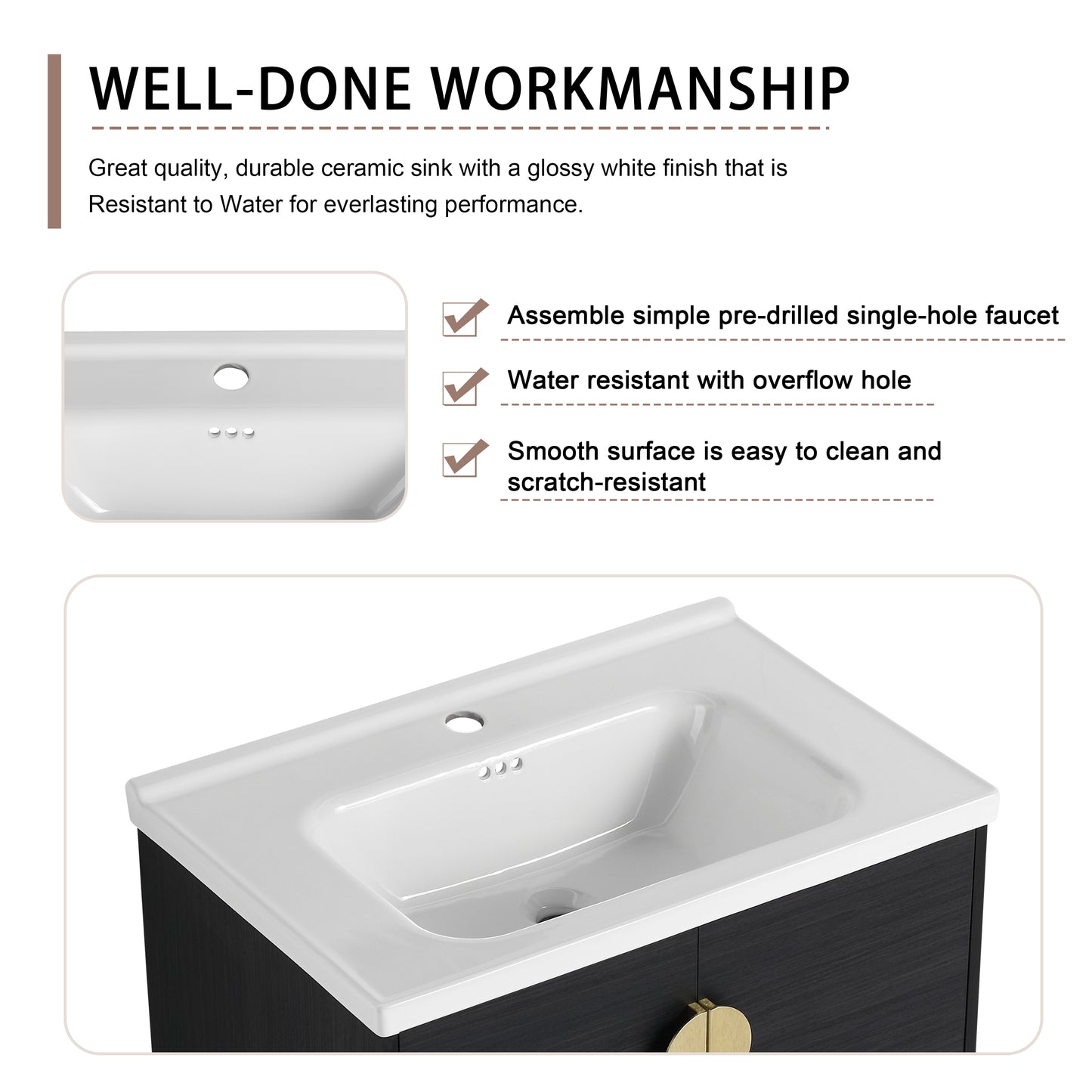 White ceramic bathroom sink with singlehole faucet and overflow hole