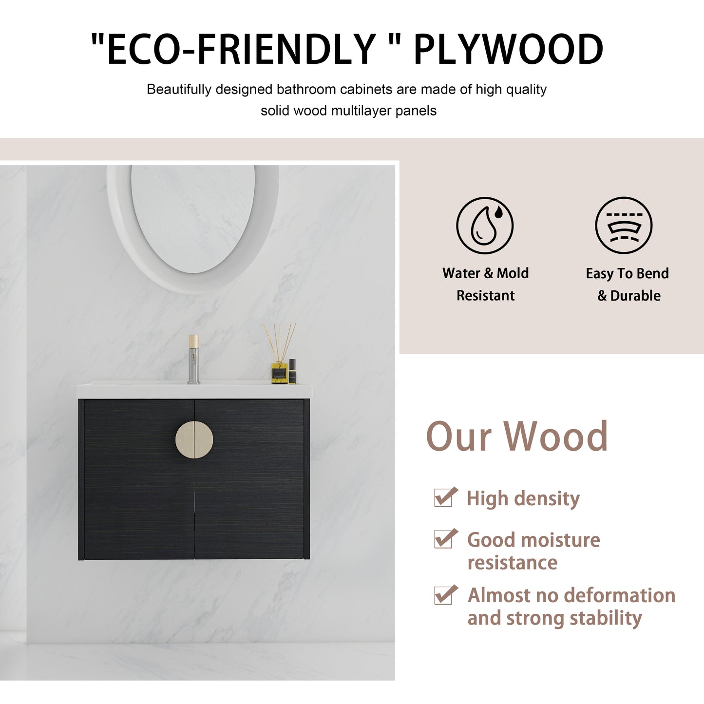 Sleek dark wood bathroom vanity with gold circular handle ecofriendly plywood