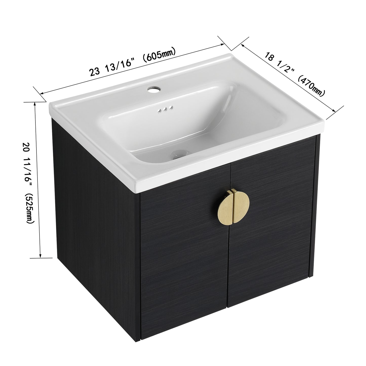 Modern black wood vanity with white ceramic sink featuring brushed gold hardware
