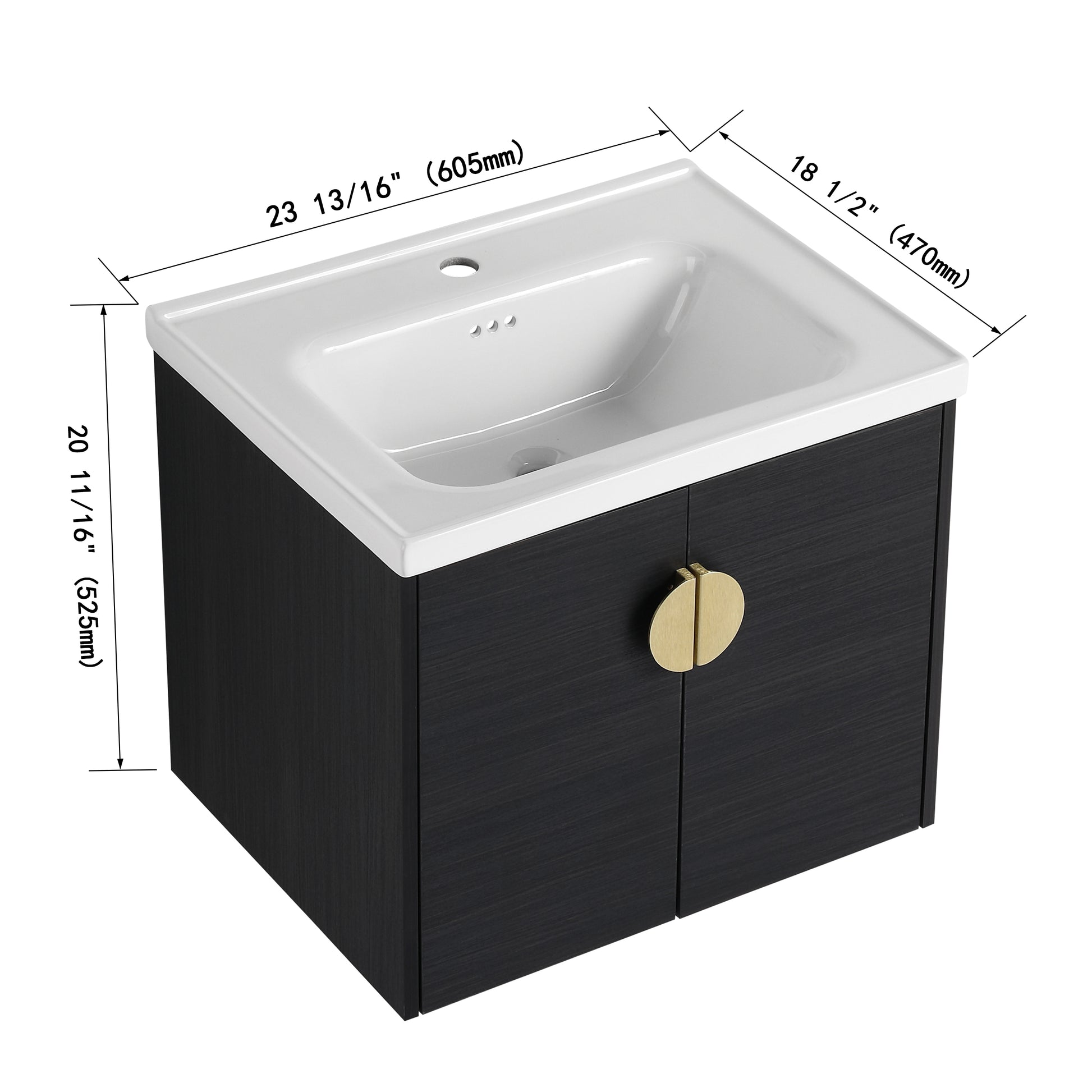 Modern black wood vanity with white ceramic sink featuring brushed gold hardware