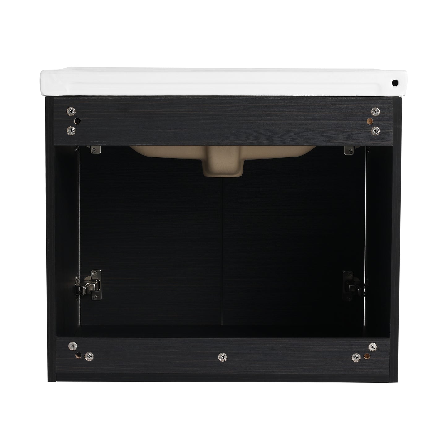 Dark oak bathroom vanity with white ceramic sink basin open cabinet doors