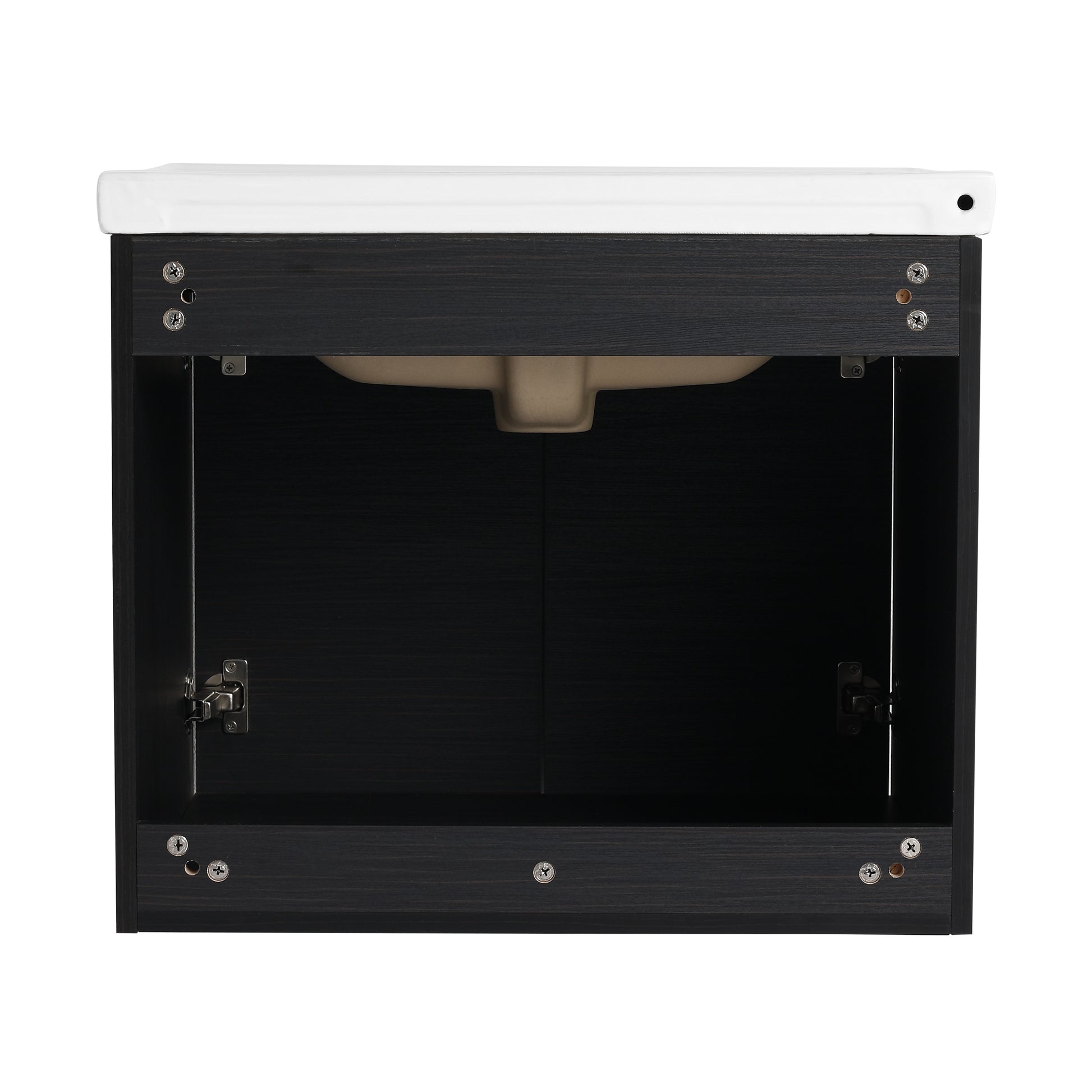 Dark oak bathroom vanity with white ceramic sink basin open cabinet doors