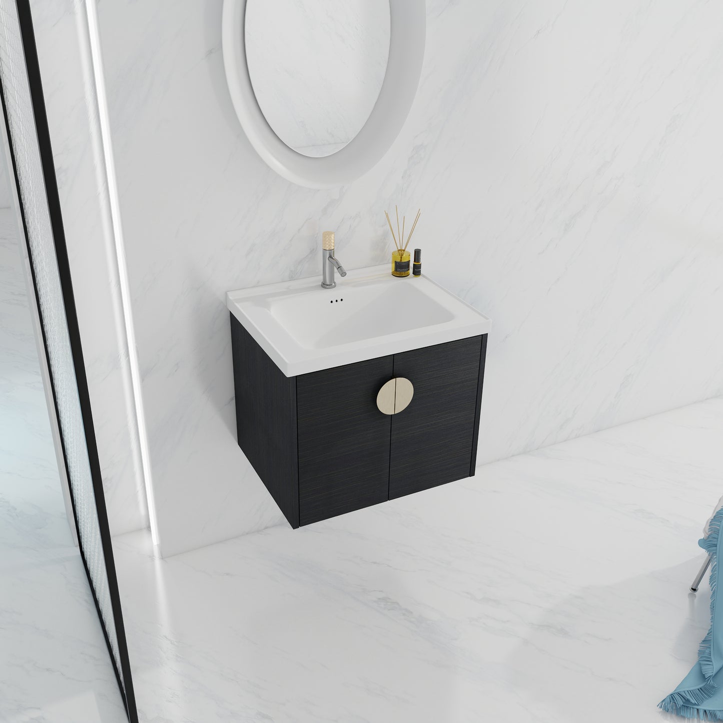 Modern dark wood vanity with gold hardware and a white basin sink