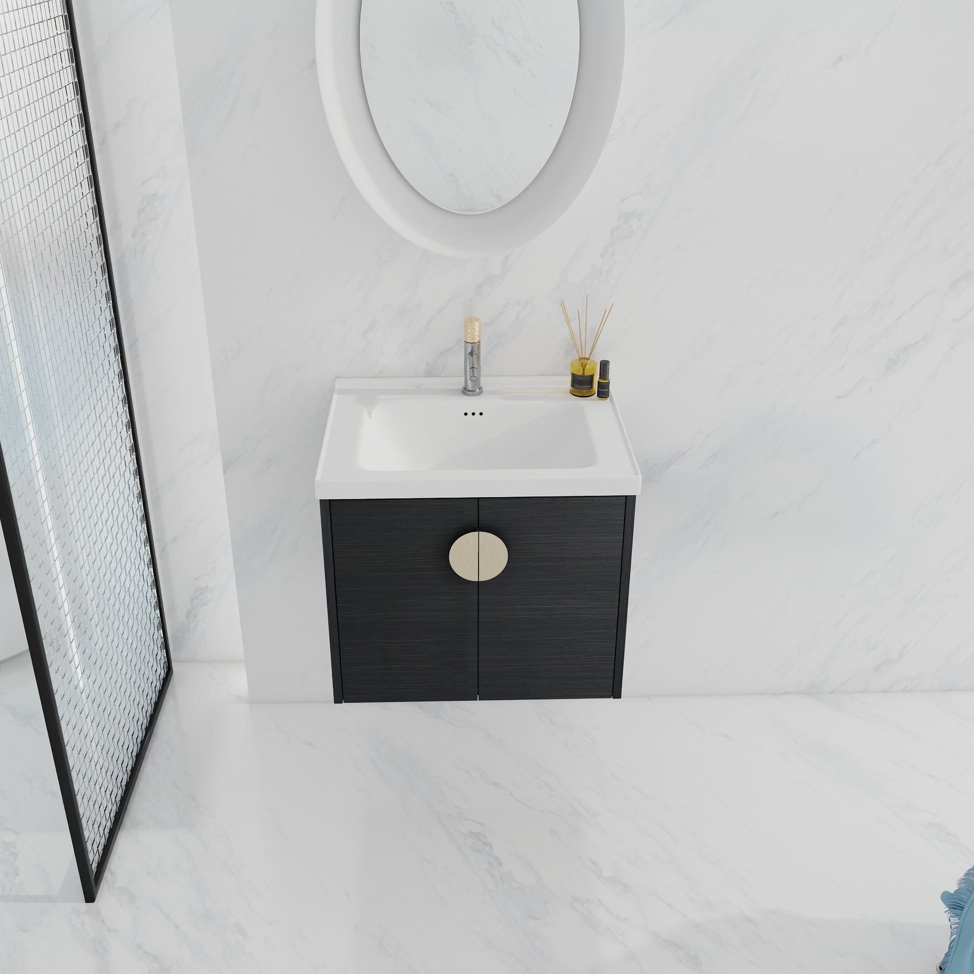 Modern dark wood vanity with a gold circular handle and white ceramic sink