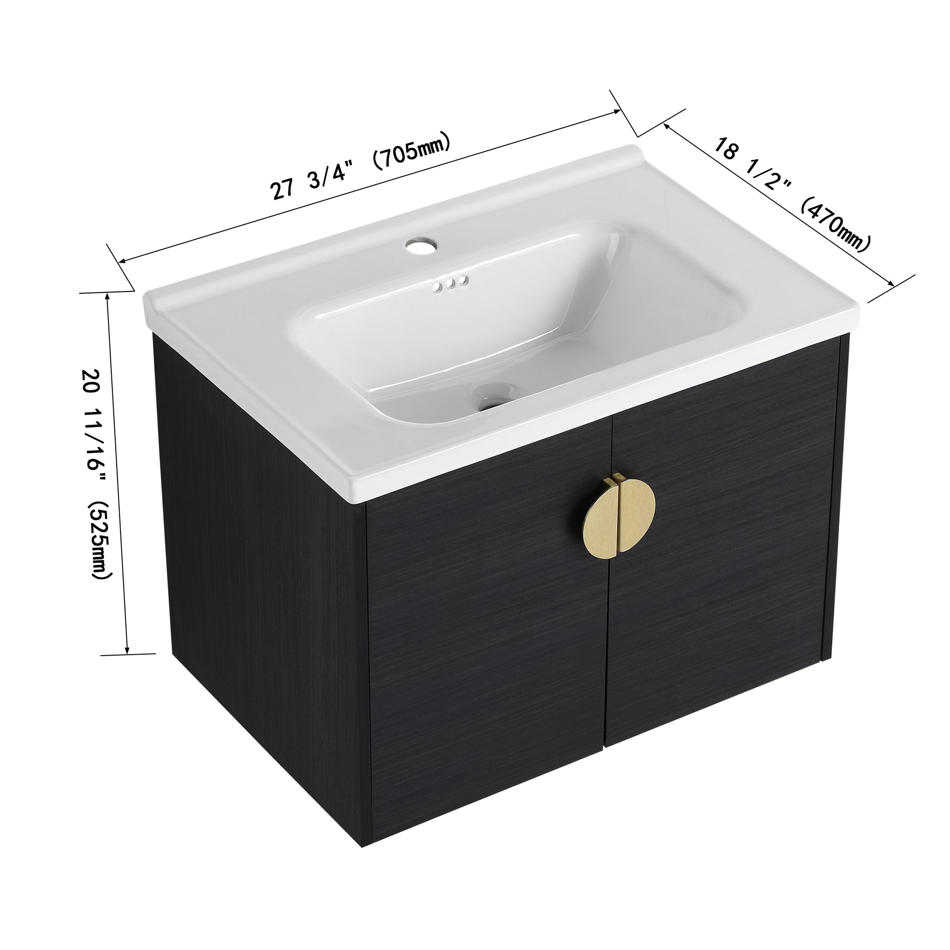 Modern black vanity with gold pull   wide ceramic sink and basin