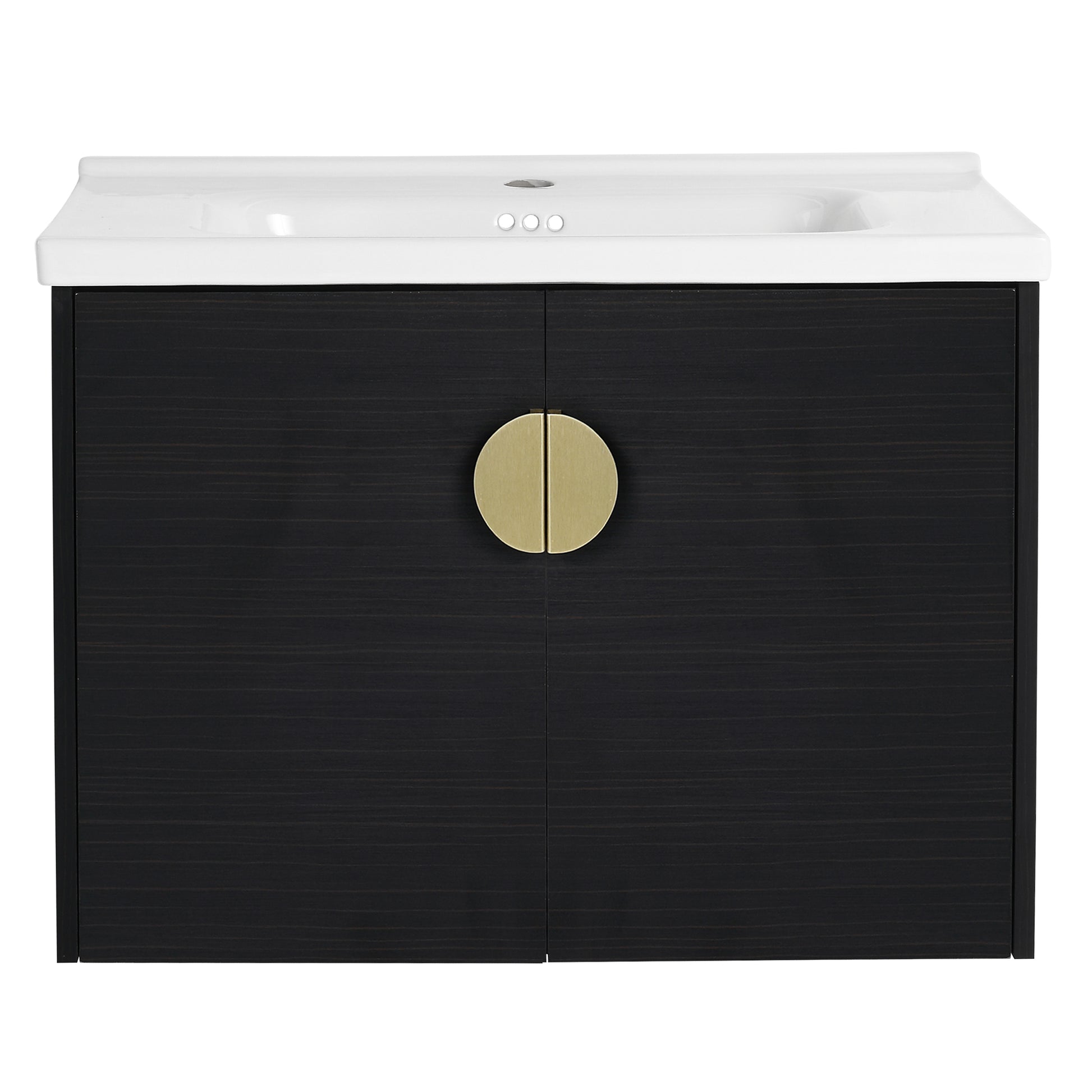 Dark wood vanity with brass circular pulls featuring a white integrated sink and three faucet holes