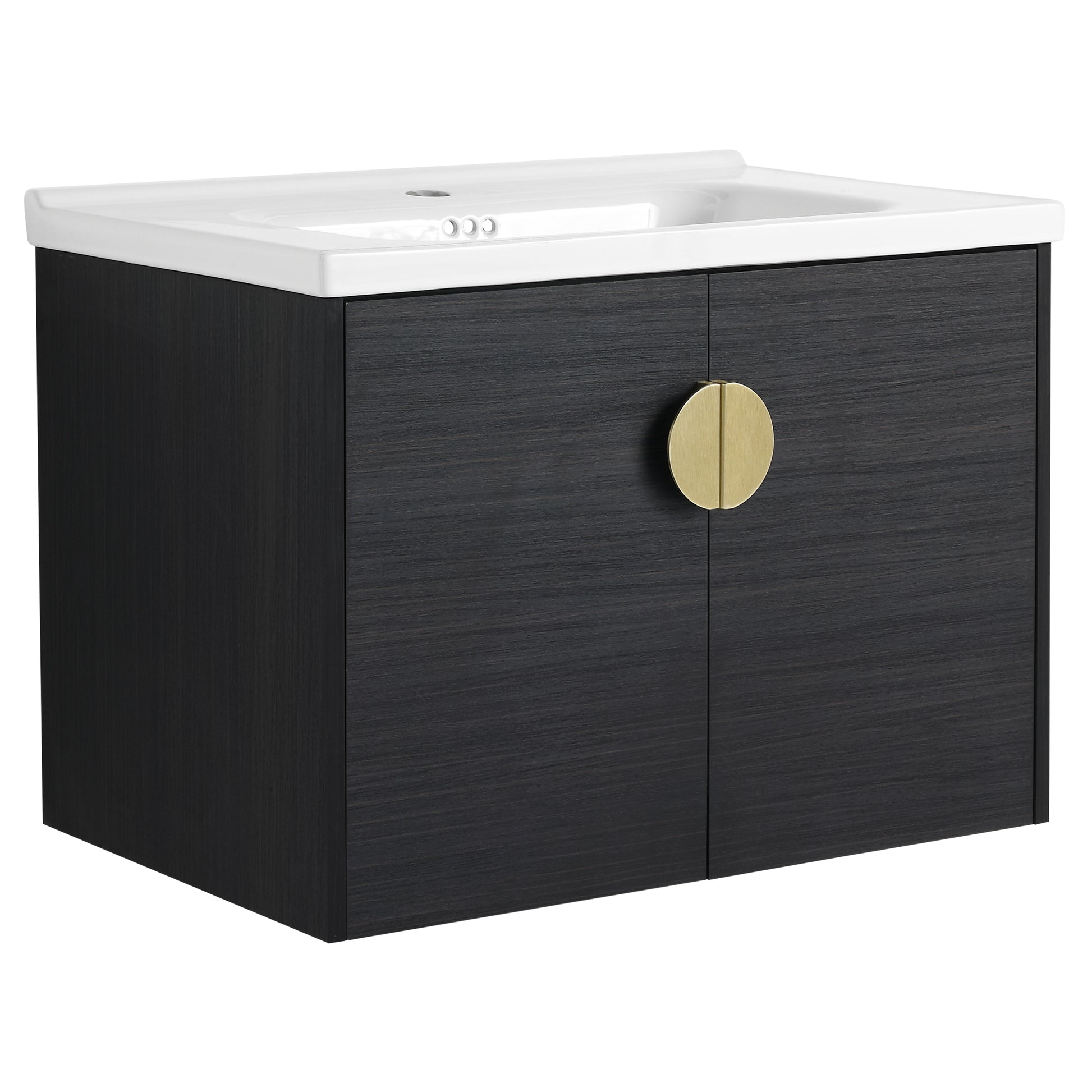Dark wood wallmounted vanity with a white ceramic sink and a gold circular handle