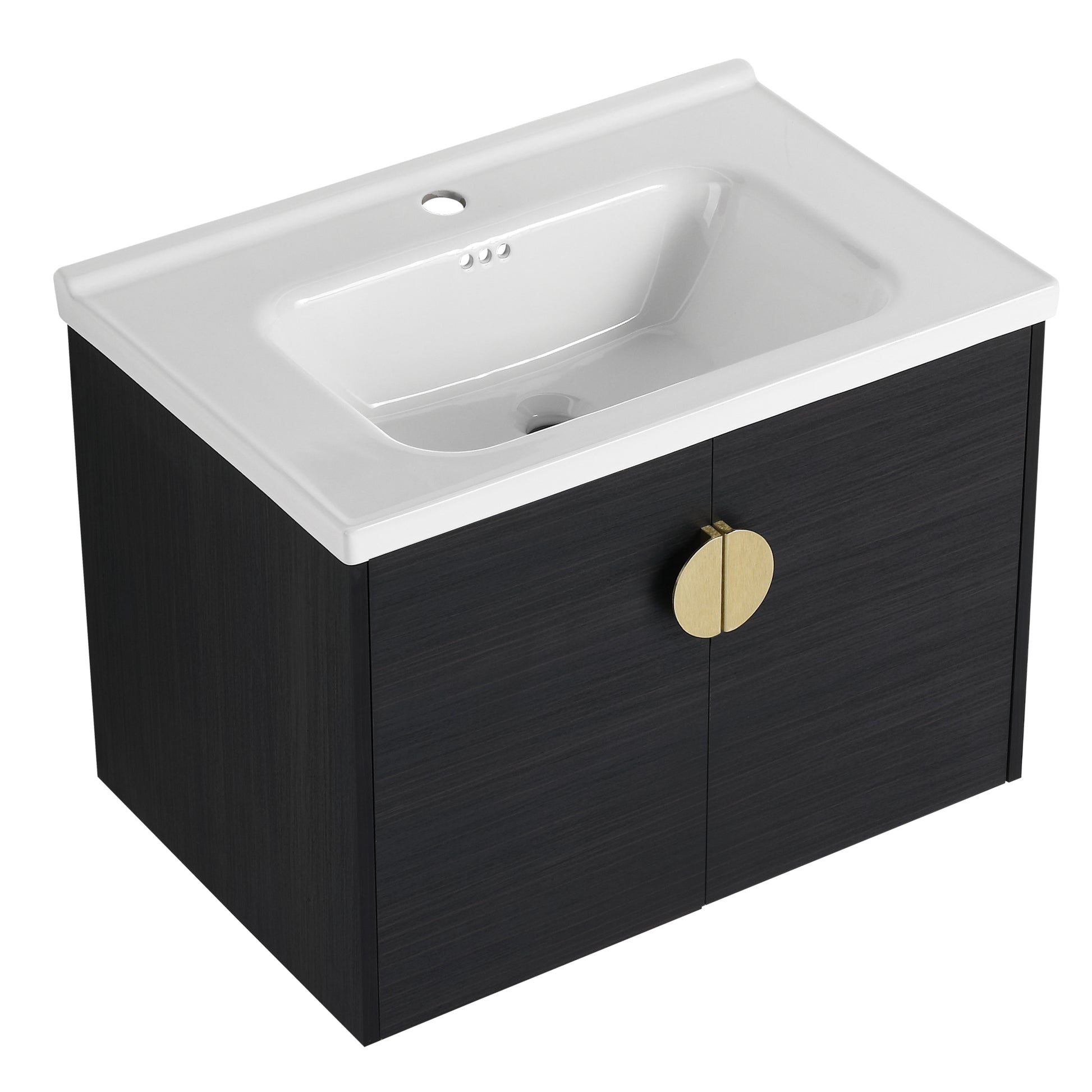Modern wallmounted vanity with black wood grain finish and brass handles featuring a white ceramic sink basin