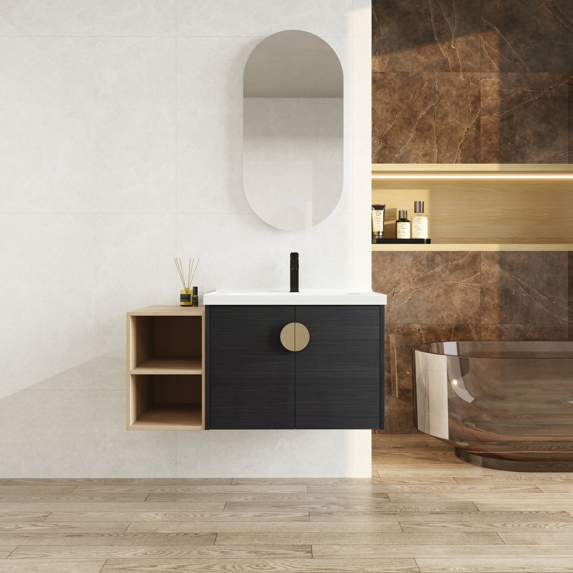 Dark wood vanity with brass handle and open shelving complementing modern bathroom decor