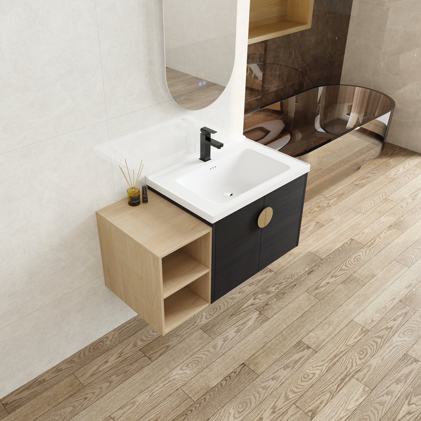 Modern bathroom vanity with black cabinet white sink and wood accent shelving