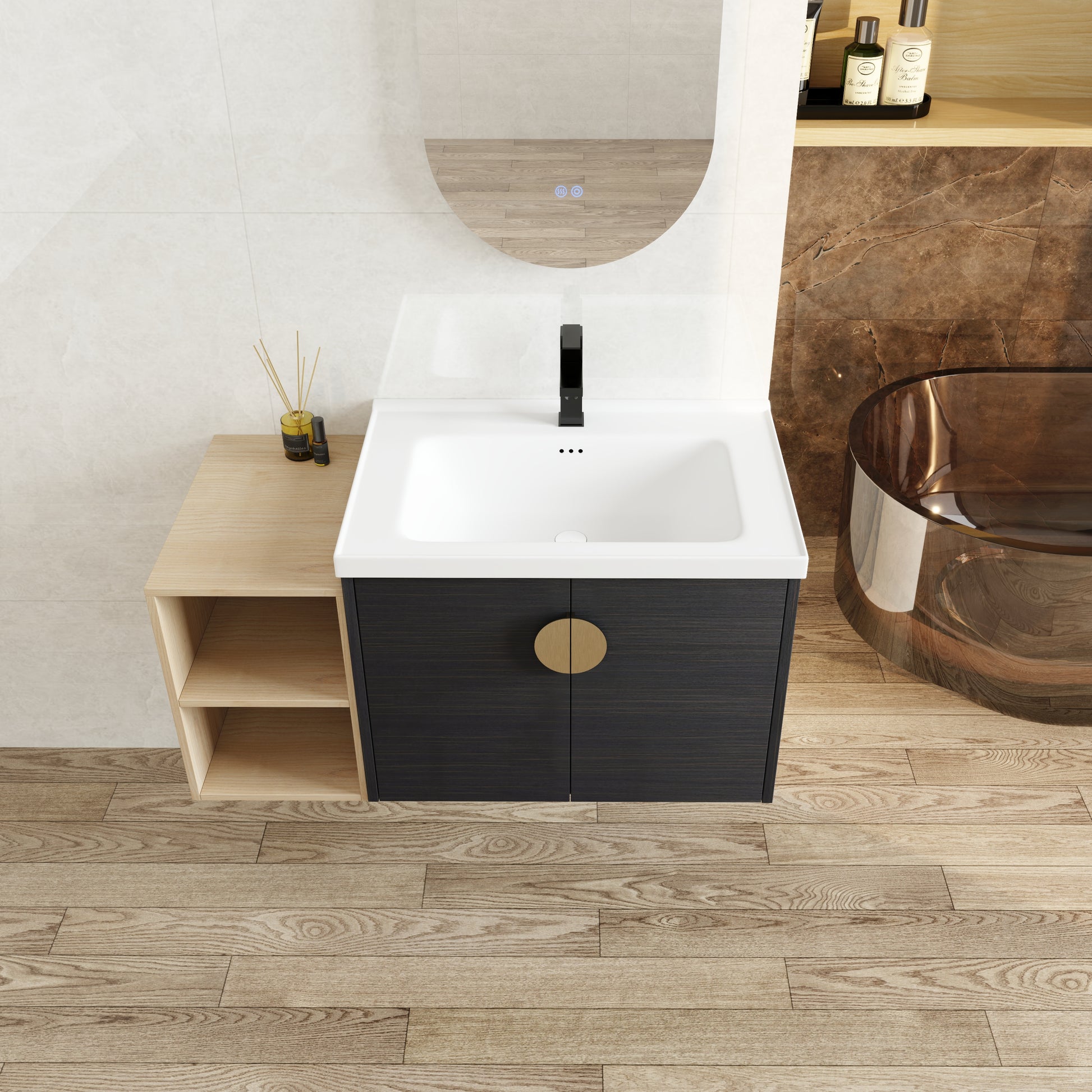 Modern dark wood vanity with gold circular handle and integrated white sink