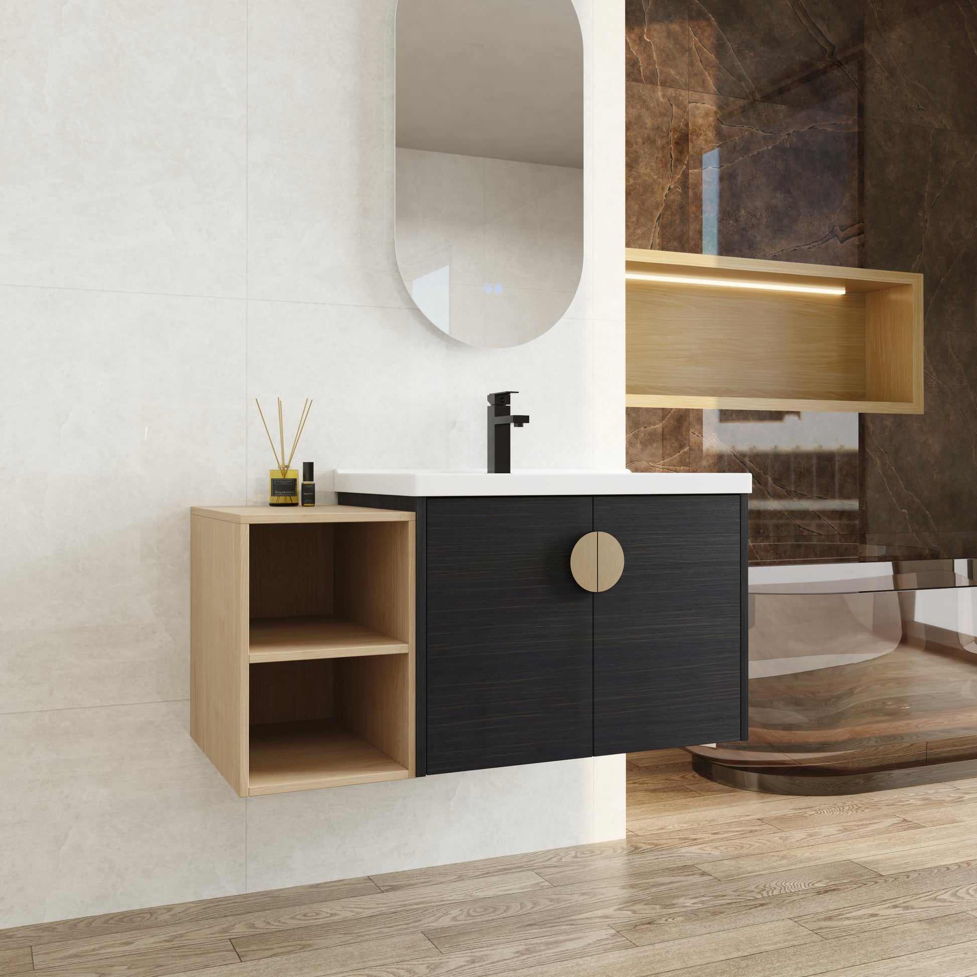 Modern dark wood bathroom vanity with integrated oak shelving and minimalist hardware