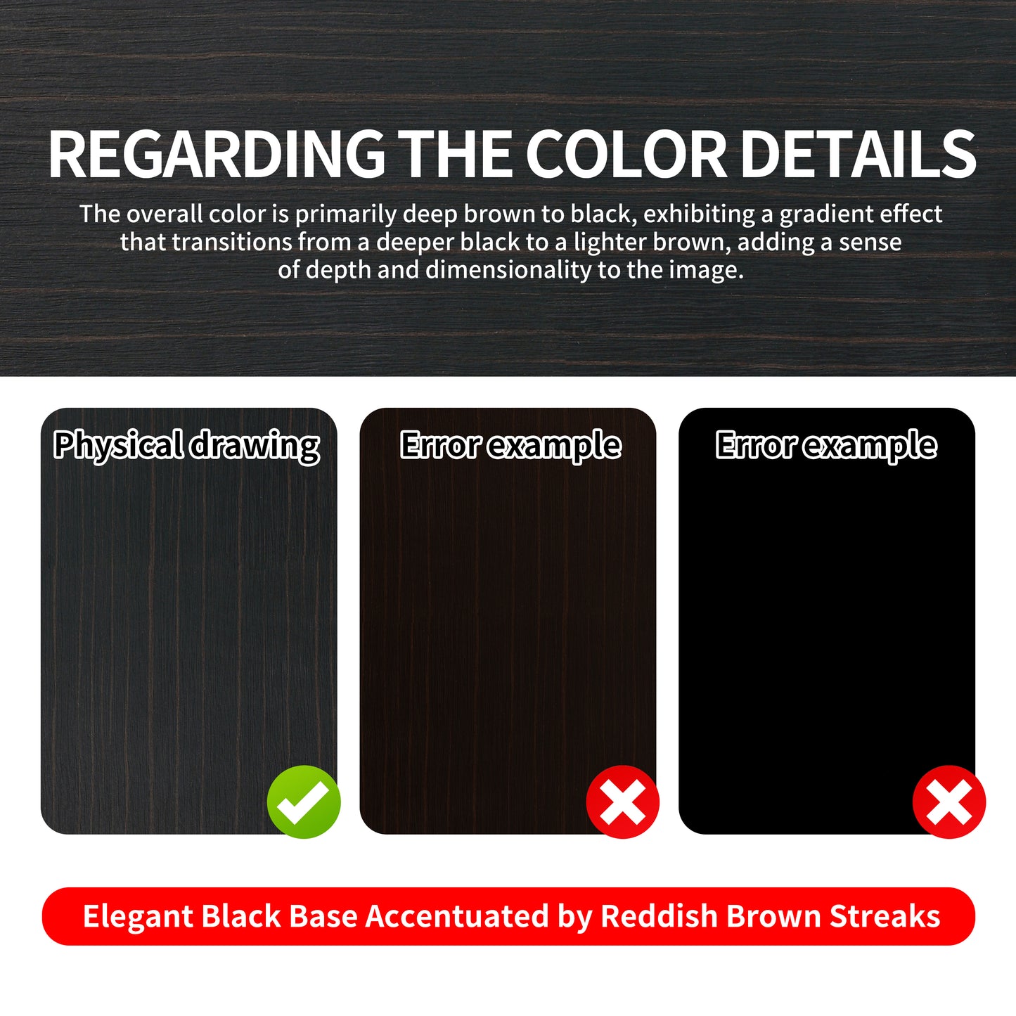 Deep brown to black wood grain with subtle reddish streaks ideal for furniture
