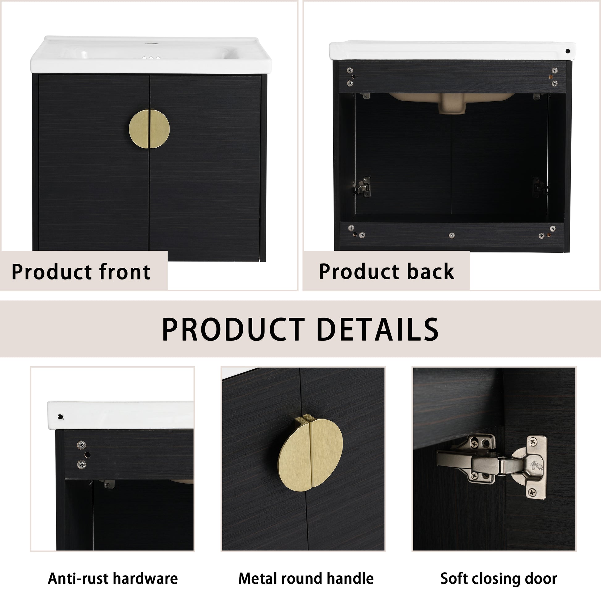 Dark wood vanity with brass round handle white ceramic top product front view