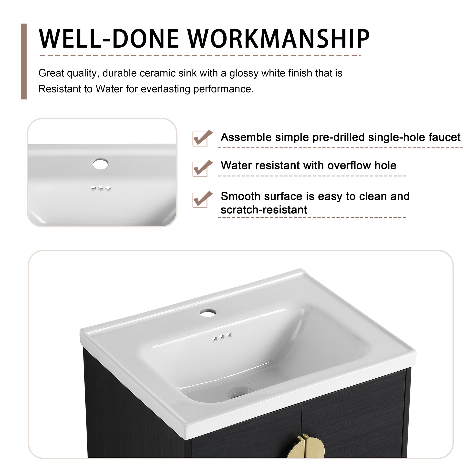 Glossy white ceramic sink with singlehole faucet drilling and overflow mounted on a dark wood vanity