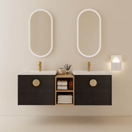 Modern dark wood double bathroom vanity with gold circular pulls and integrated sinks