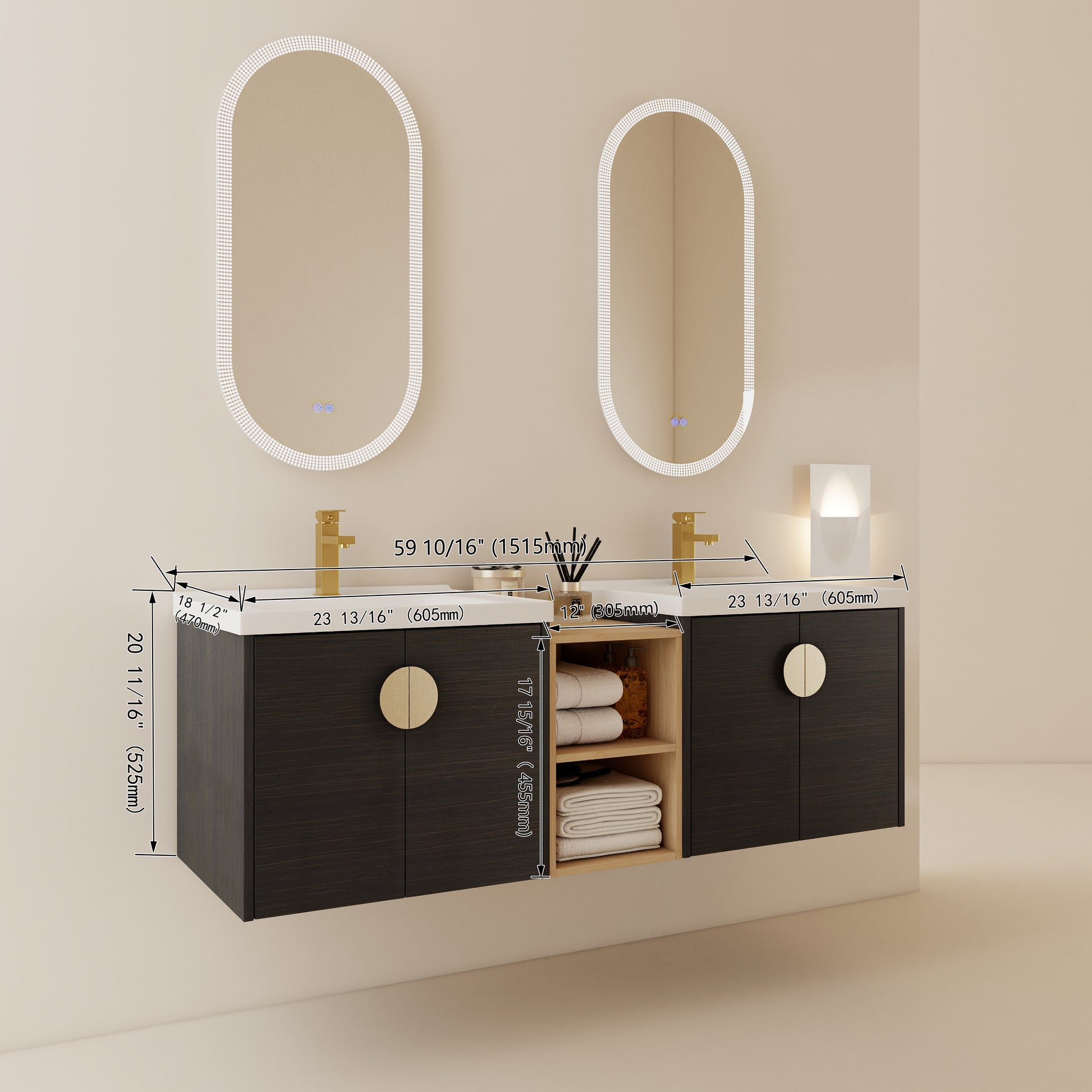 Modern floating double vanity with dark wood finish and gold hardware