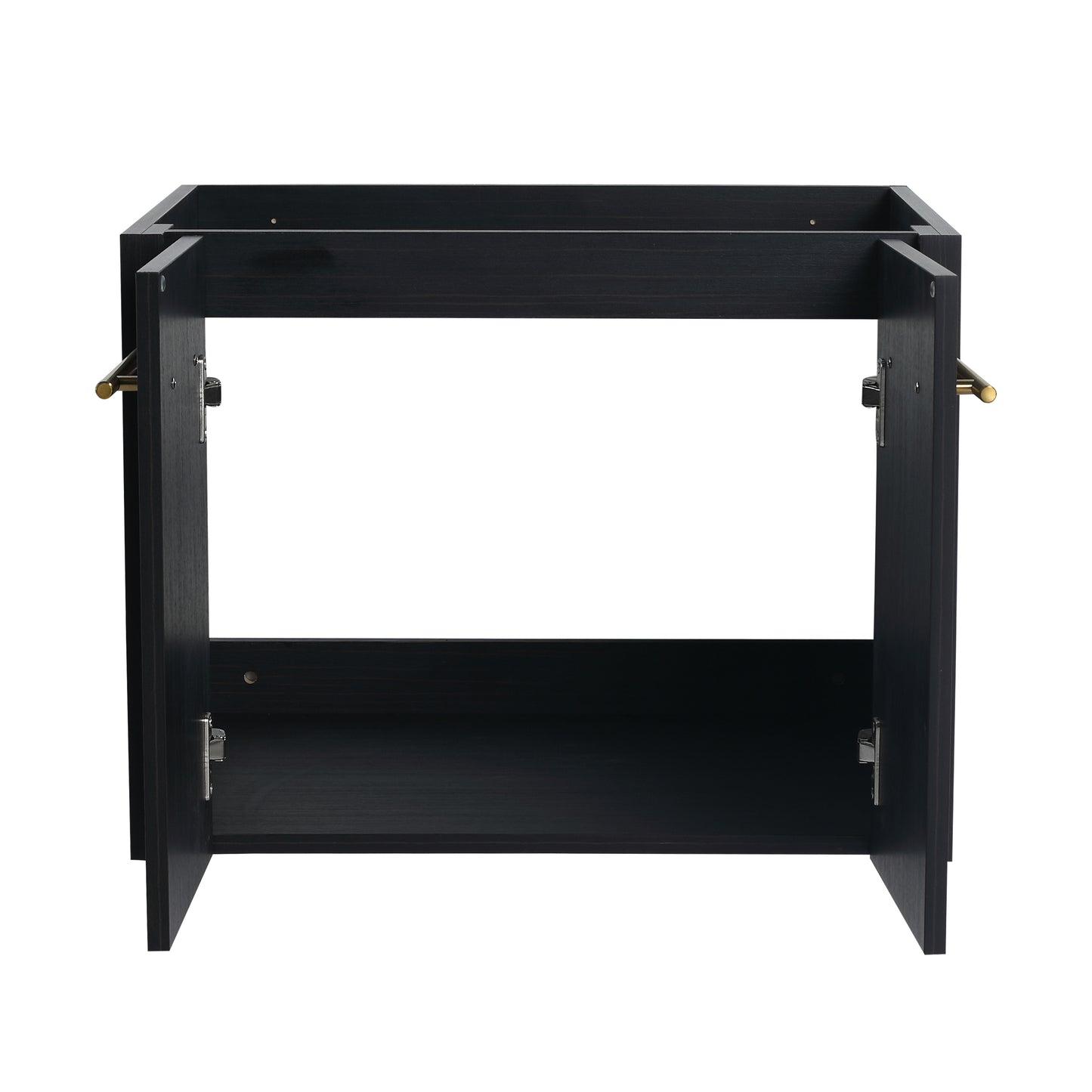 Dark wood bathroom vanity base with two doors and brushed gold hardware