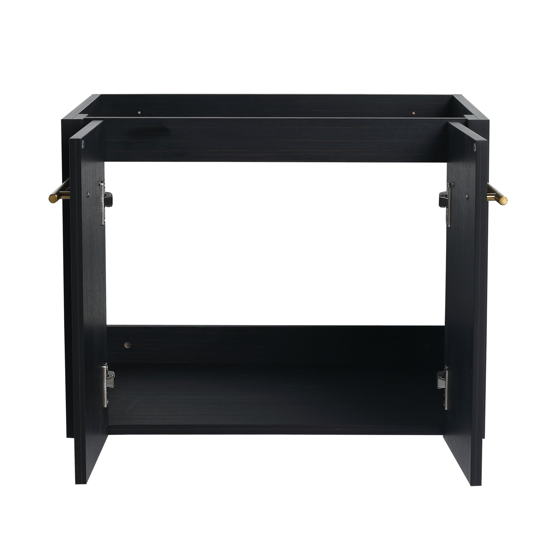 Dark wood bathroom vanity base with two doors and brushed gold hardware