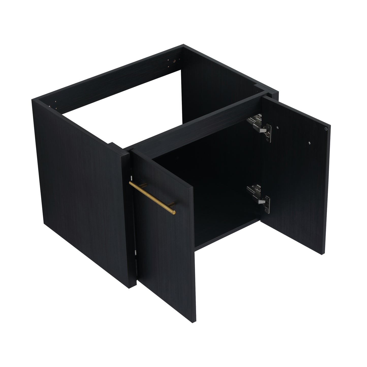 Modern dark wood modular cabinet with brass handle and open doors ideal for storage