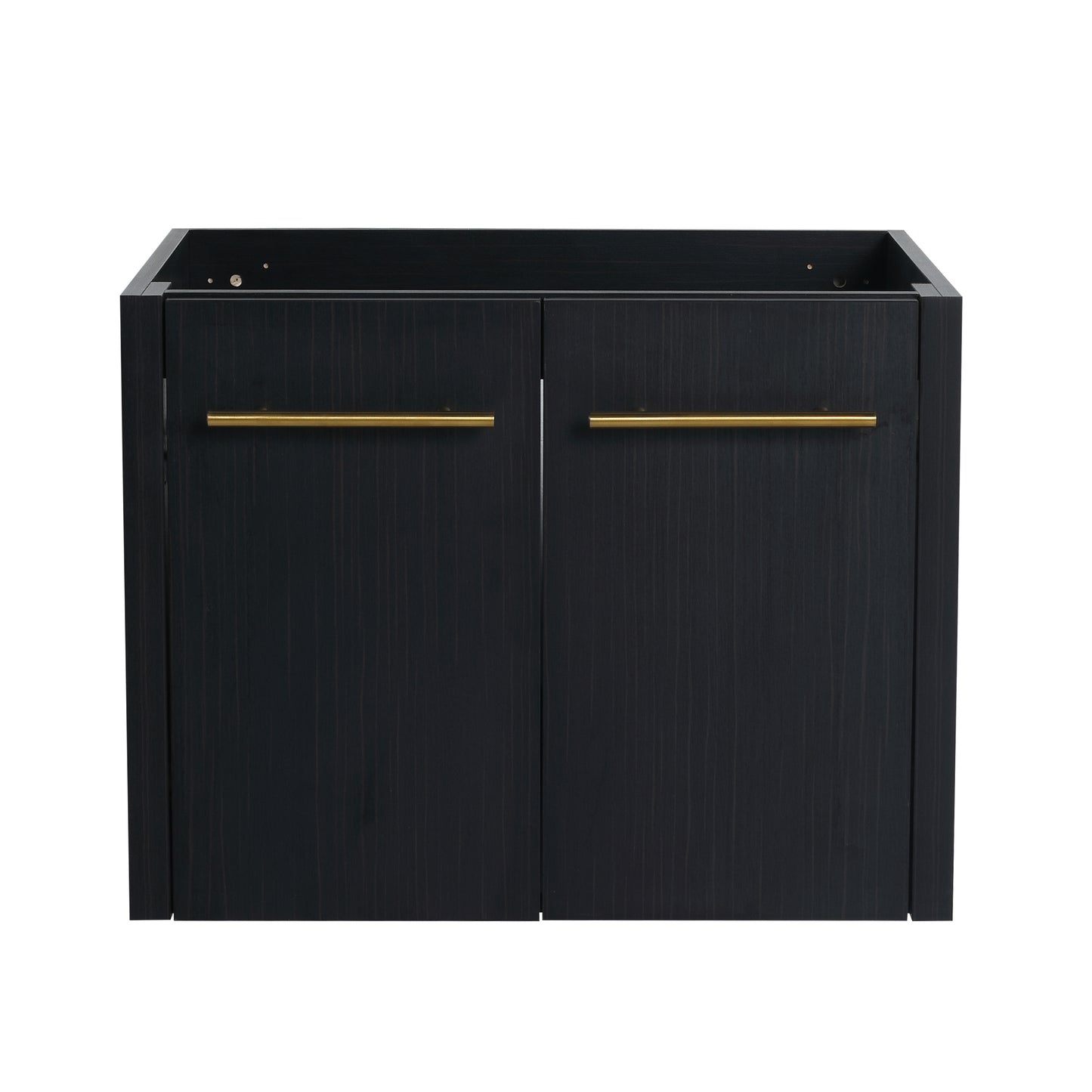 Dark wood grain bathroom vanity base with two gold bar pulls