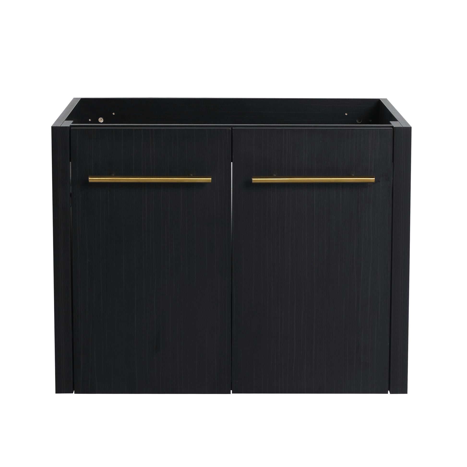 Dark wood grain bathroom vanity base with two gold bar pulls