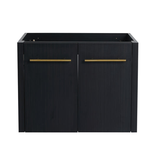 Dark wood grain bathroom vanity base with two gold bar pulls