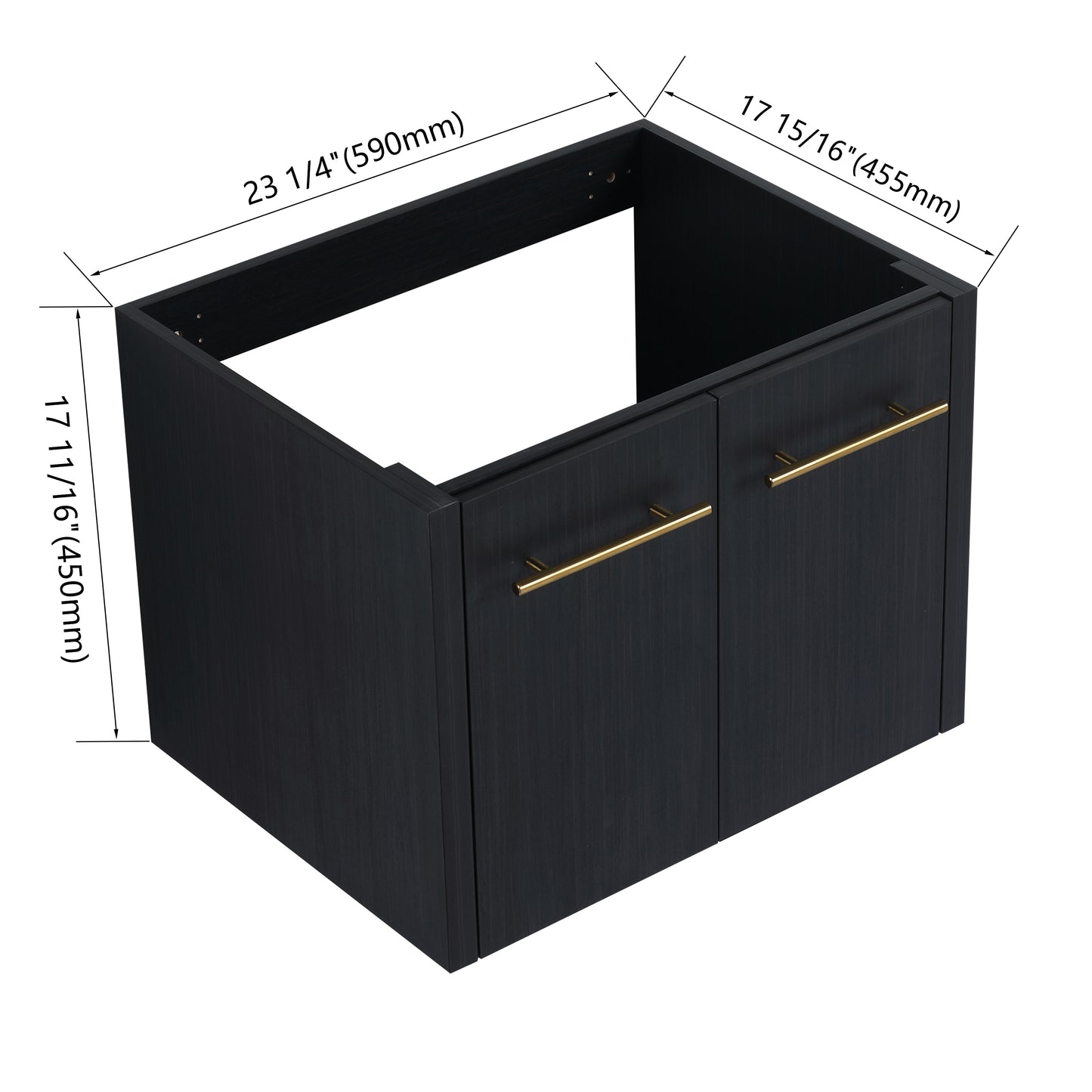 Black wood grain bathroom vanity cabinet with gold bar pulls   W