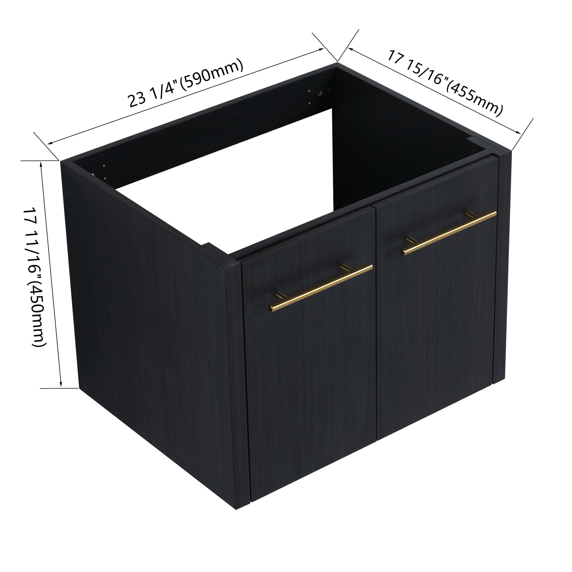 Black wood grain bathroom vanity cabinet with gold bar pulls   W