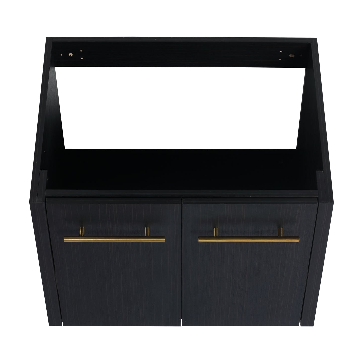 Black wood vanity base with modern gold bar pulls