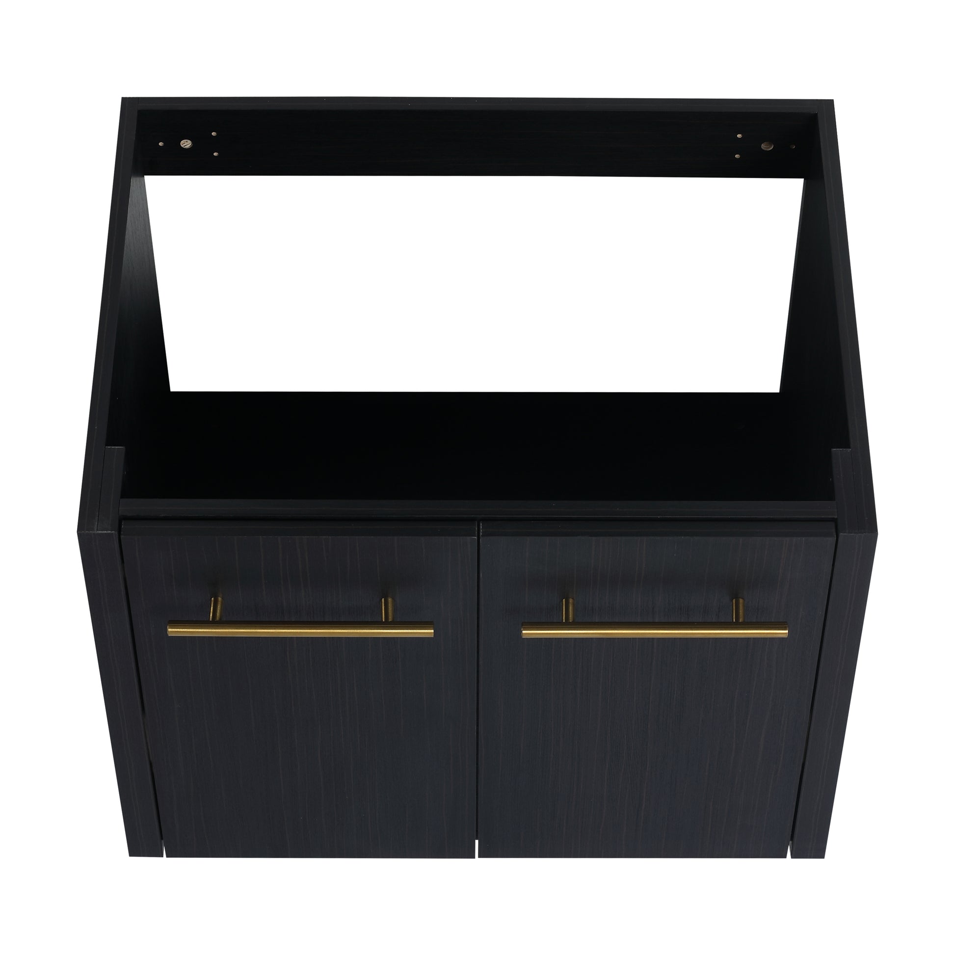 Black wood vanity base with modern gold bar pulls