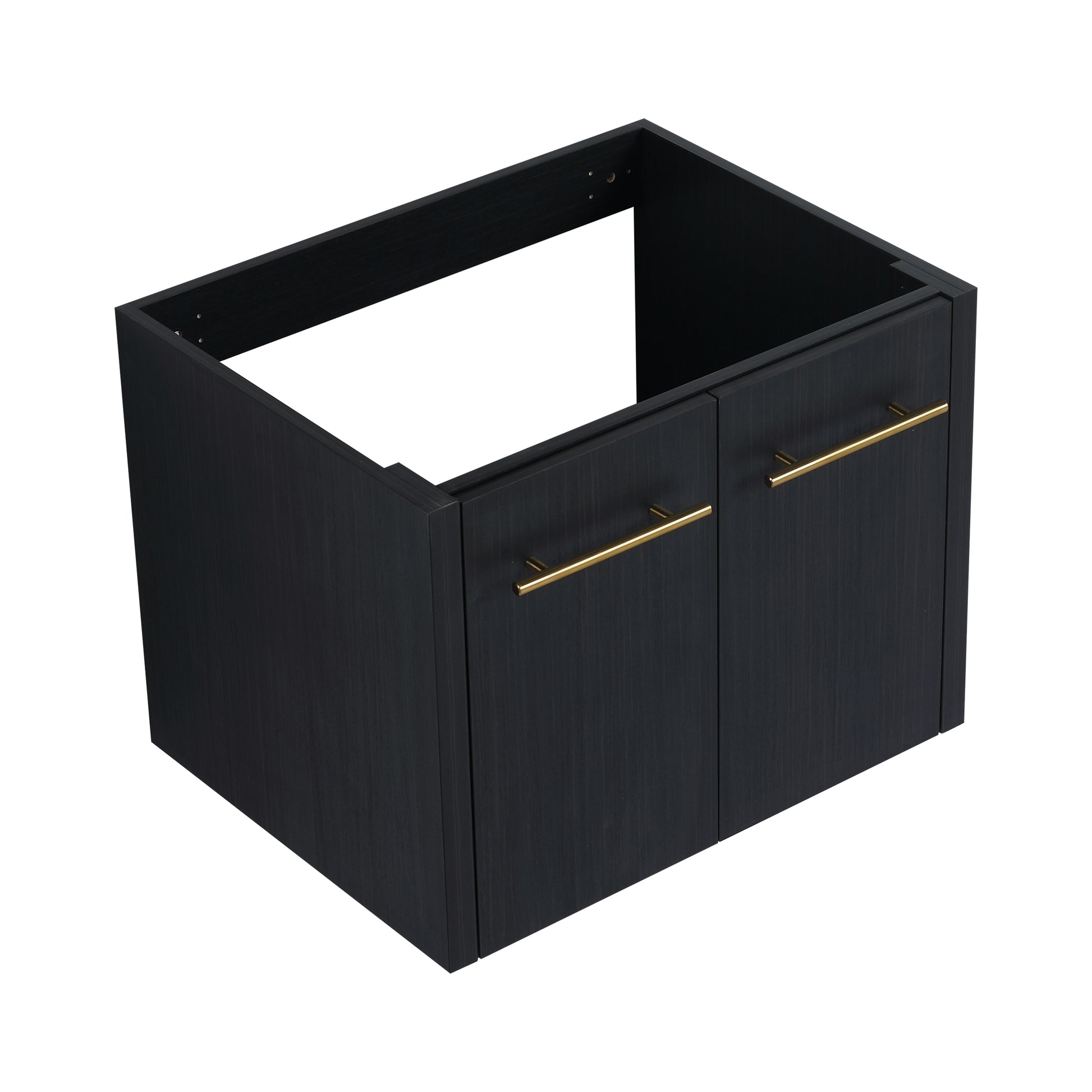 Dark wood vanity cabinet with gold bar pulls modern bathroom furniture