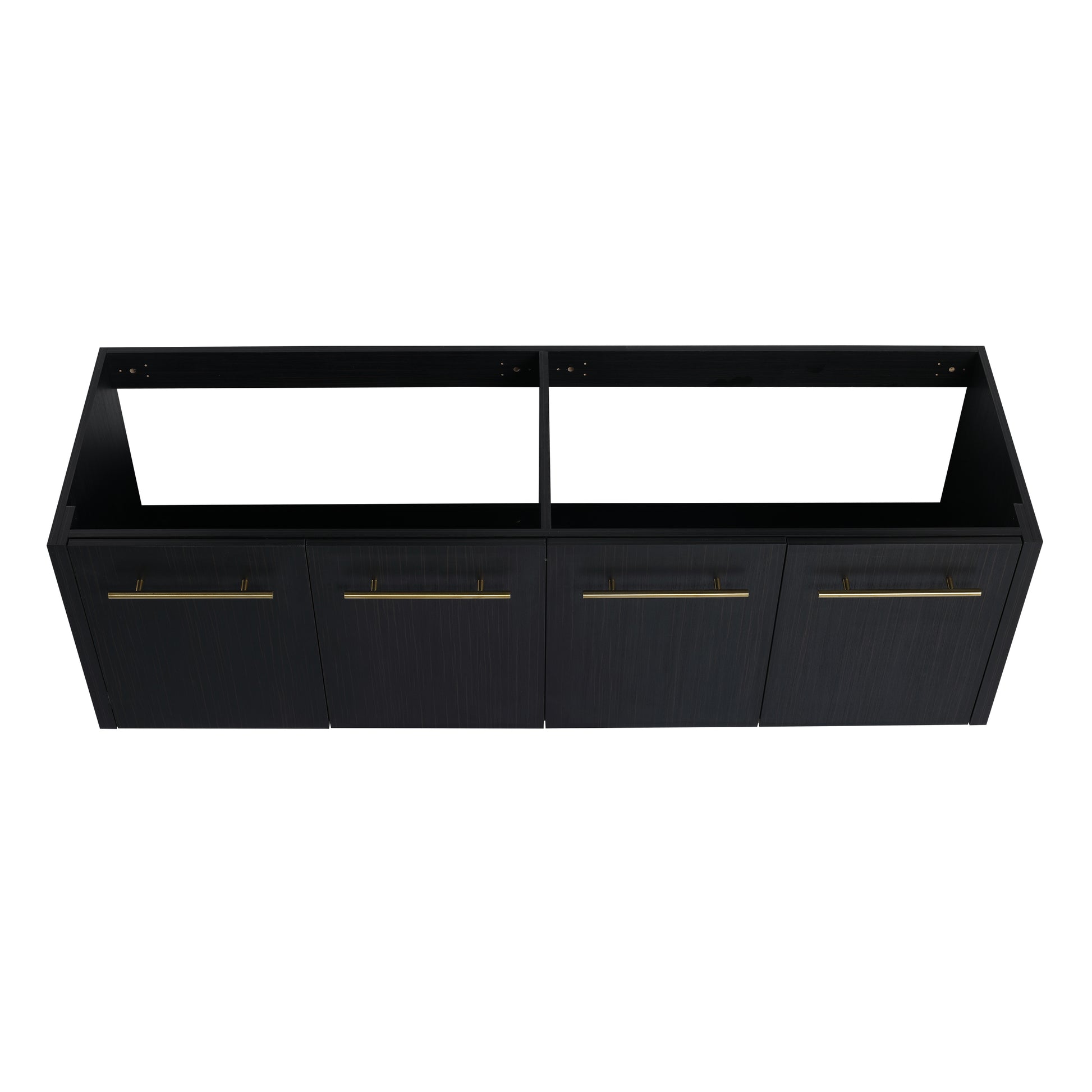 Black wood bathroom vanity with four drawers and brass hardware